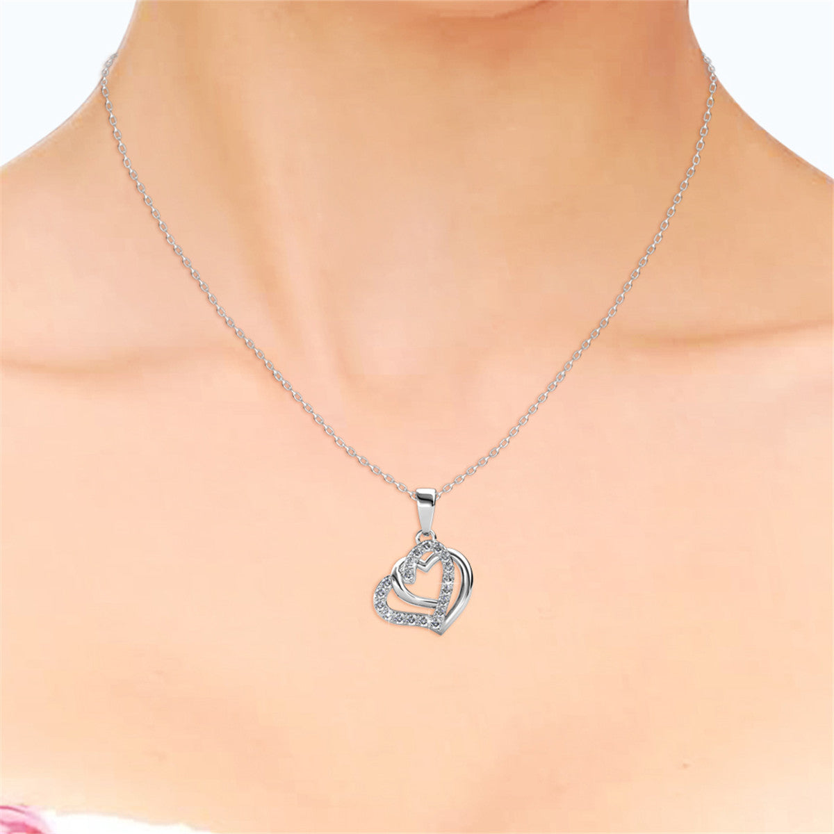 Angela 18k White Gold Plated Silver Double Heart Necklace with Swarovski Crystals