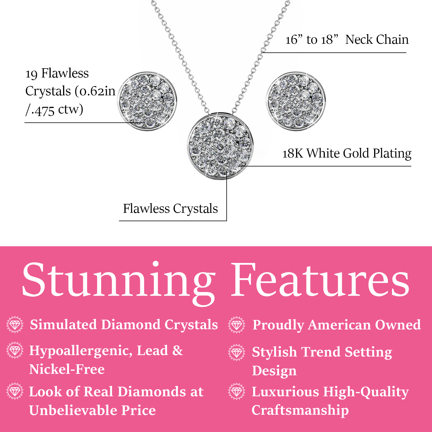 Nelly 18k White Gold Swarovski Crystal Pave Stud Necklace and Earrings Jewelry Set