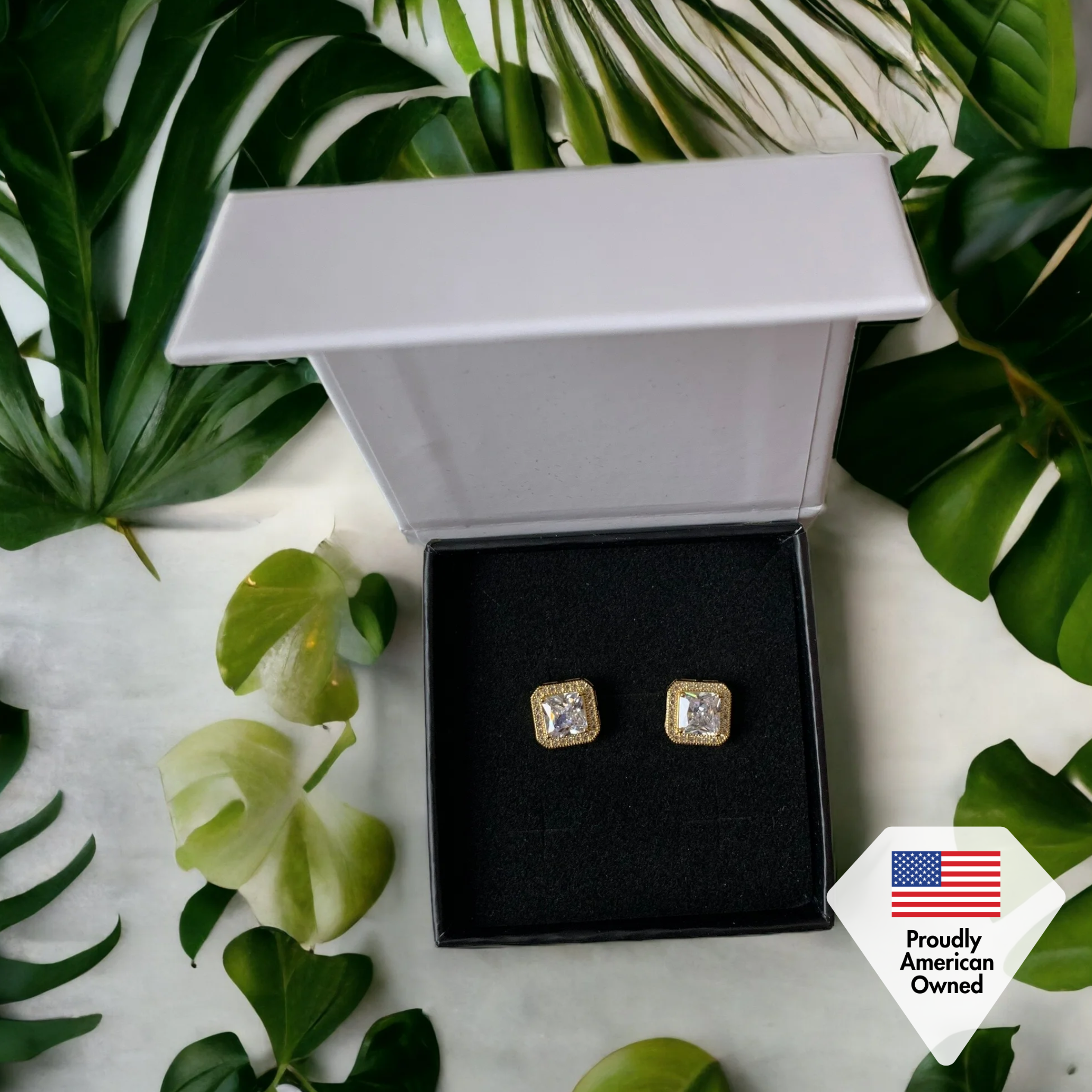 Norah 18k White Gold Plated Princess Cut Halo Stud Earrings with Simulated Diamond Crystals