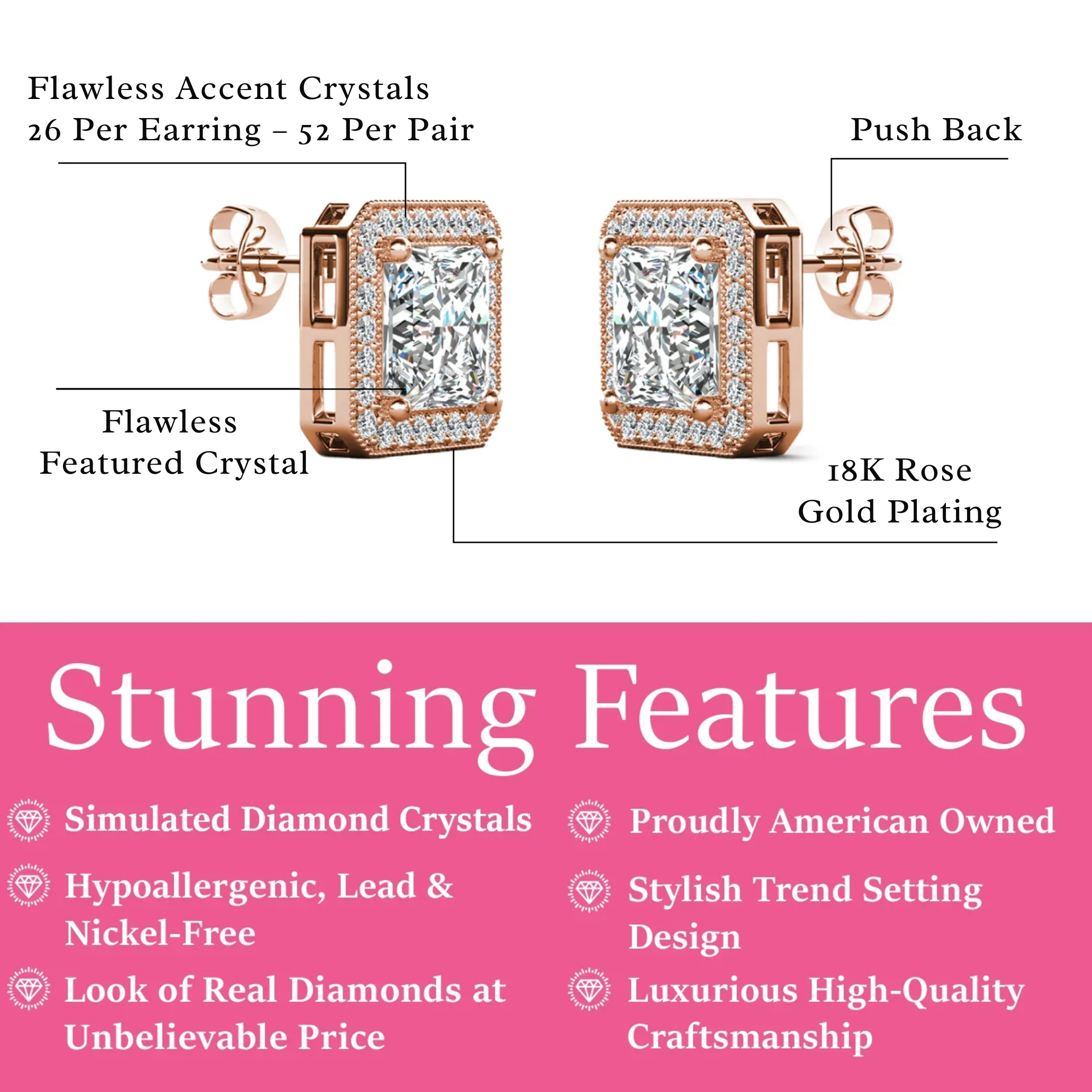 Norah 18k White Gold Plated Princess Cut Halo Stud Earrings with Simulated Diamond Crystals