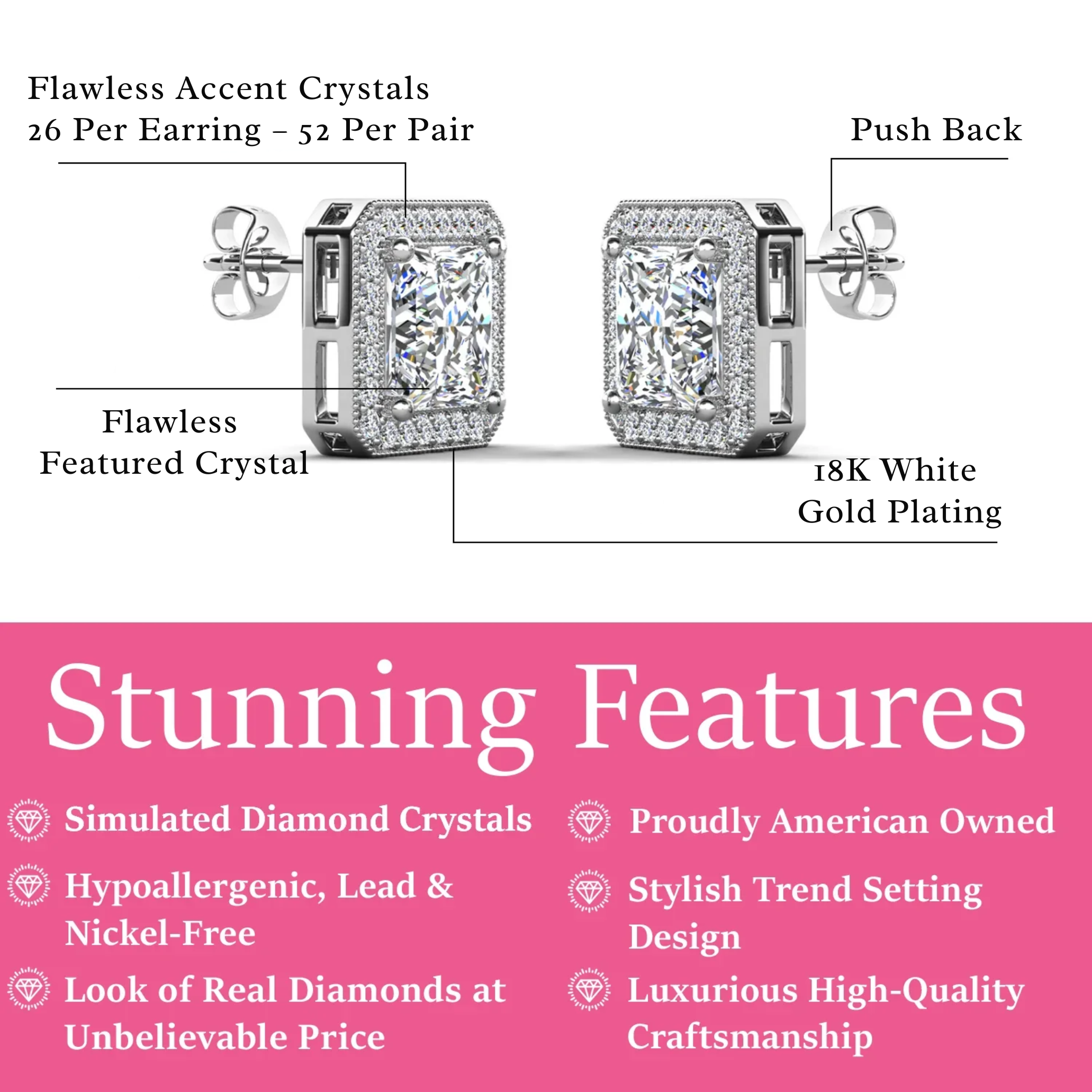 Norah 18k White Gold Plated Princess Cut Halo Stud Earrings with Simulated Diamond Crystals
