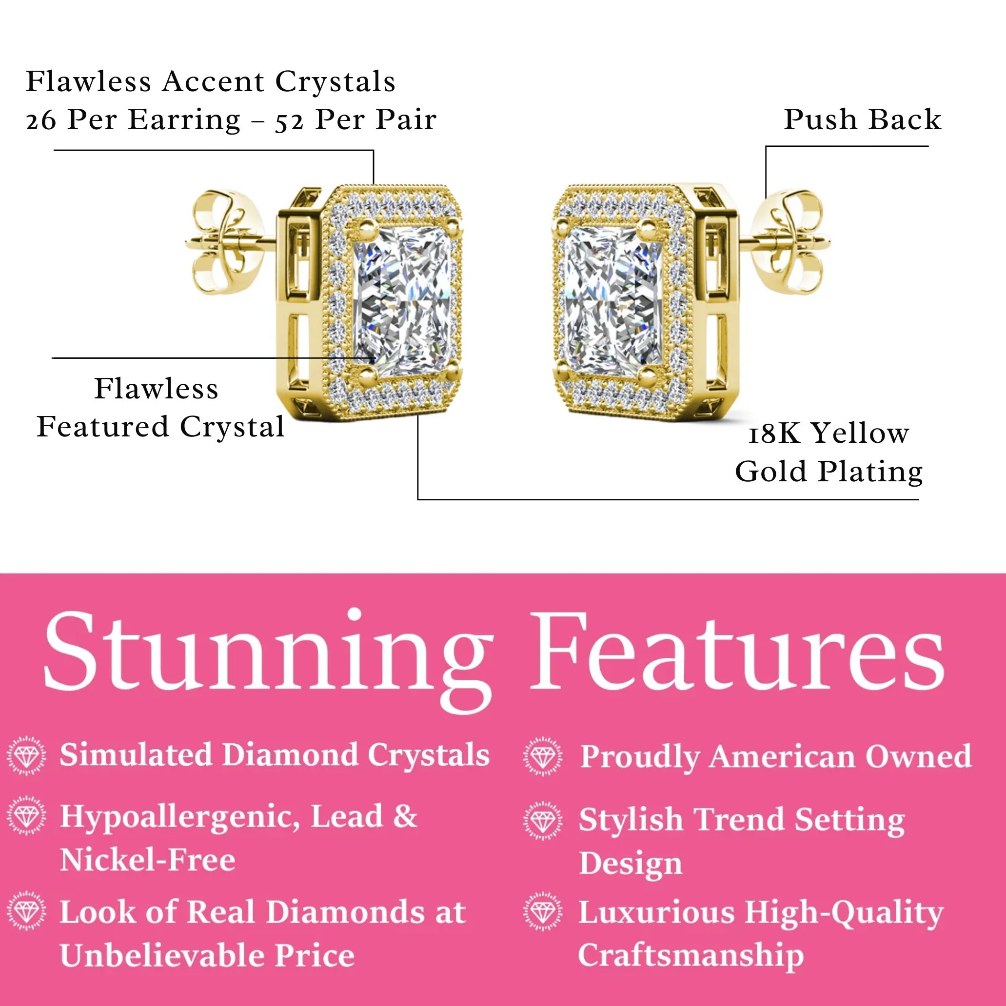 Londyn 18k White Gold Plated Princess Cut Halo Stud Earrings with Simulated Diamond Crystals