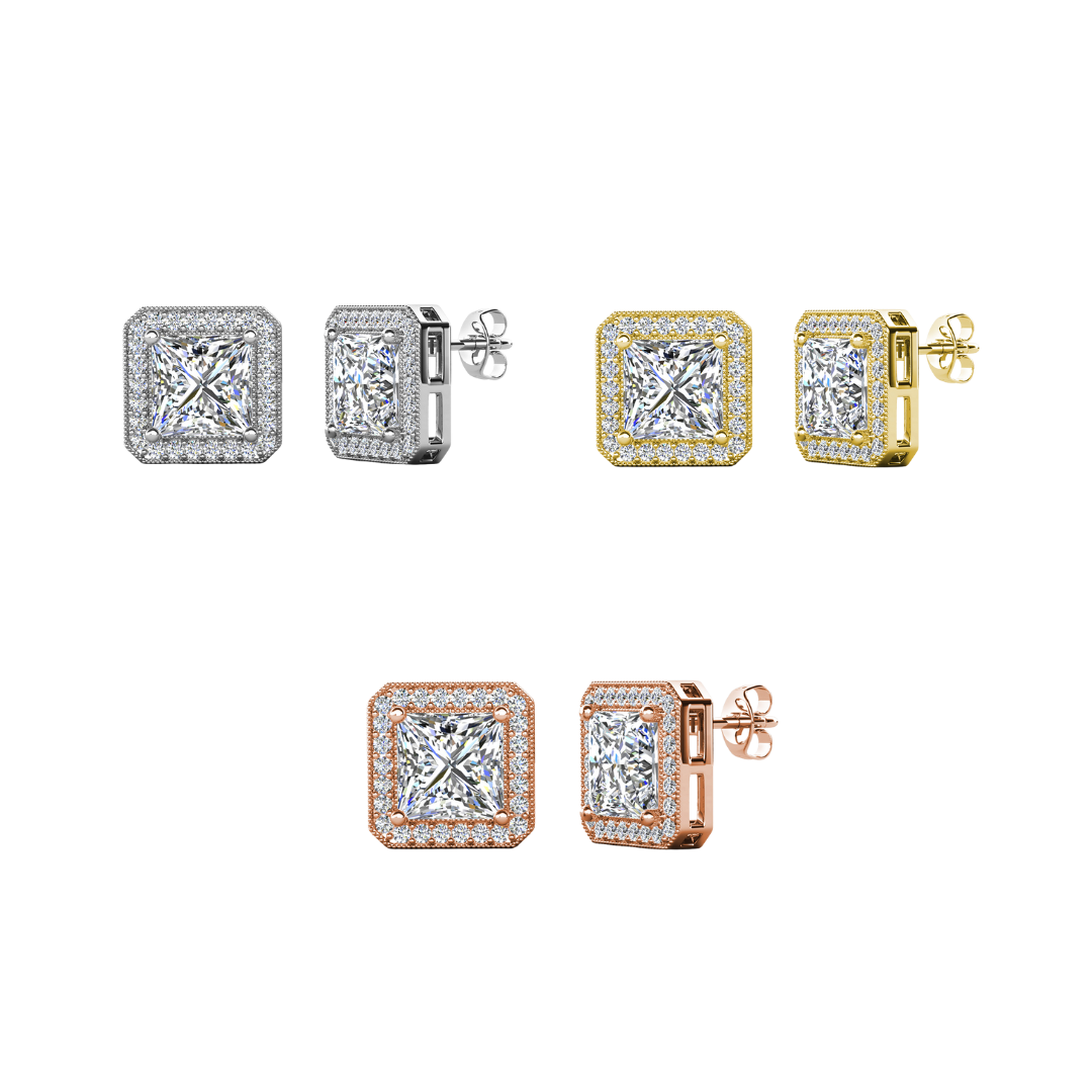 Norah 18k White Gold Plated Princess Cut Halo Stud Earrings with Simulated Diamond Crystals