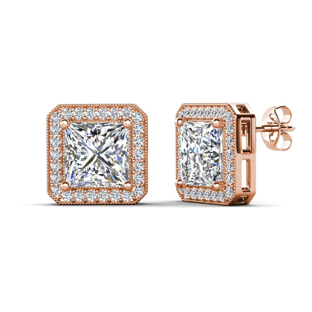 Londyn 18k White Gold Plated Princess Cut Halo Stud Earrings with Simulated Diamond Crystals