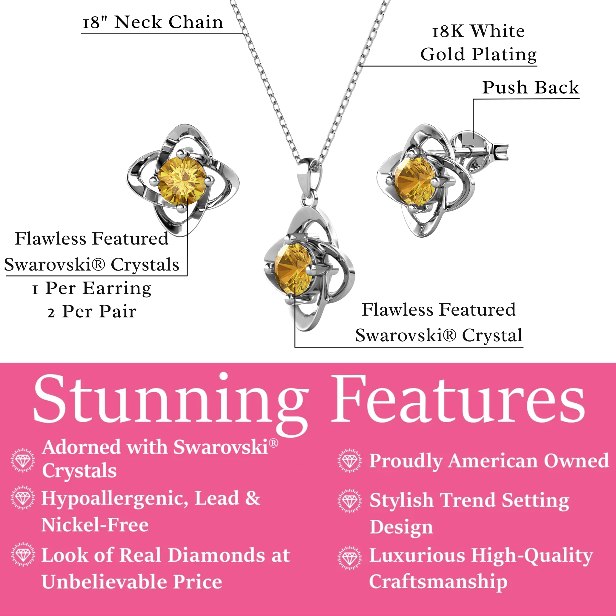 Infinity Birthstone 18k White Gold Plated Stud Earrings and Necklace Set with Swarovski Crystals