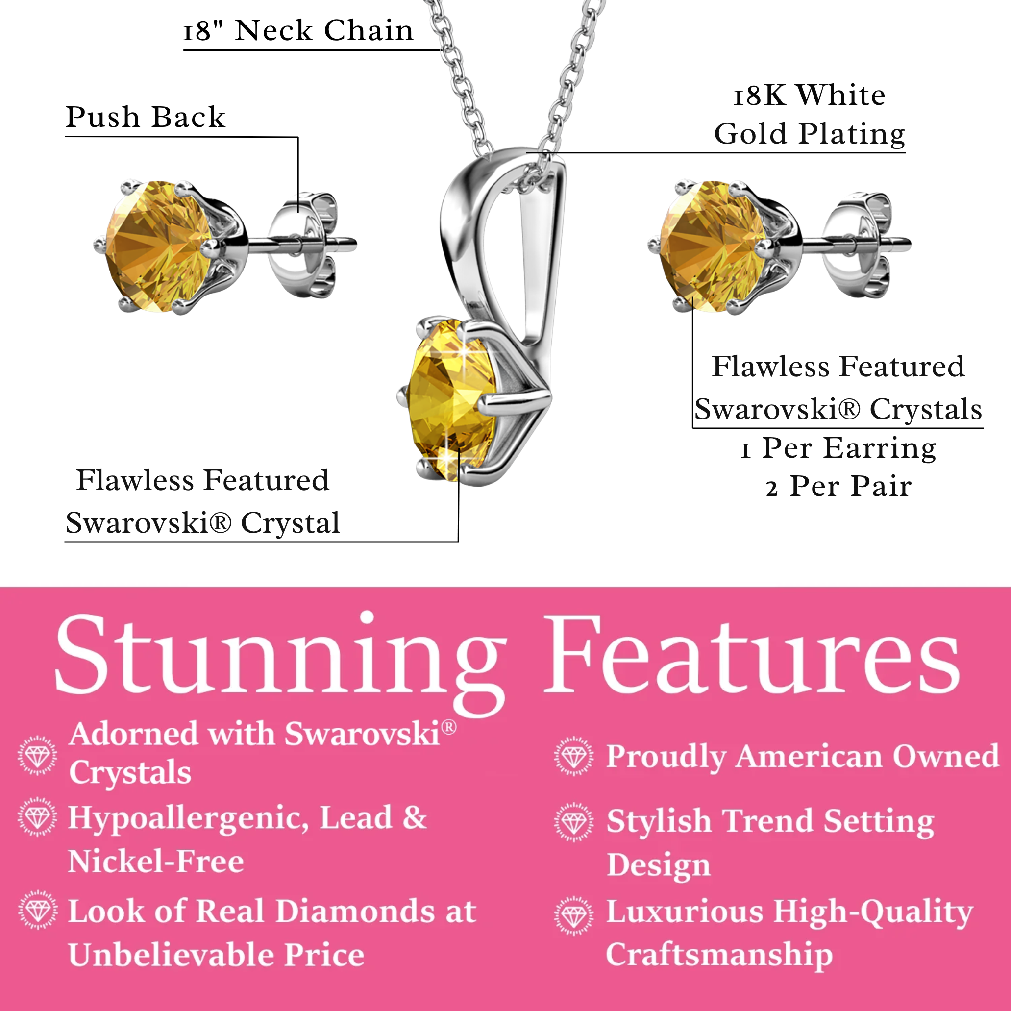 Birthstone 18k White Gold Plated Stud Earrings and Necklace Set with 1ct Swarovski Crystals