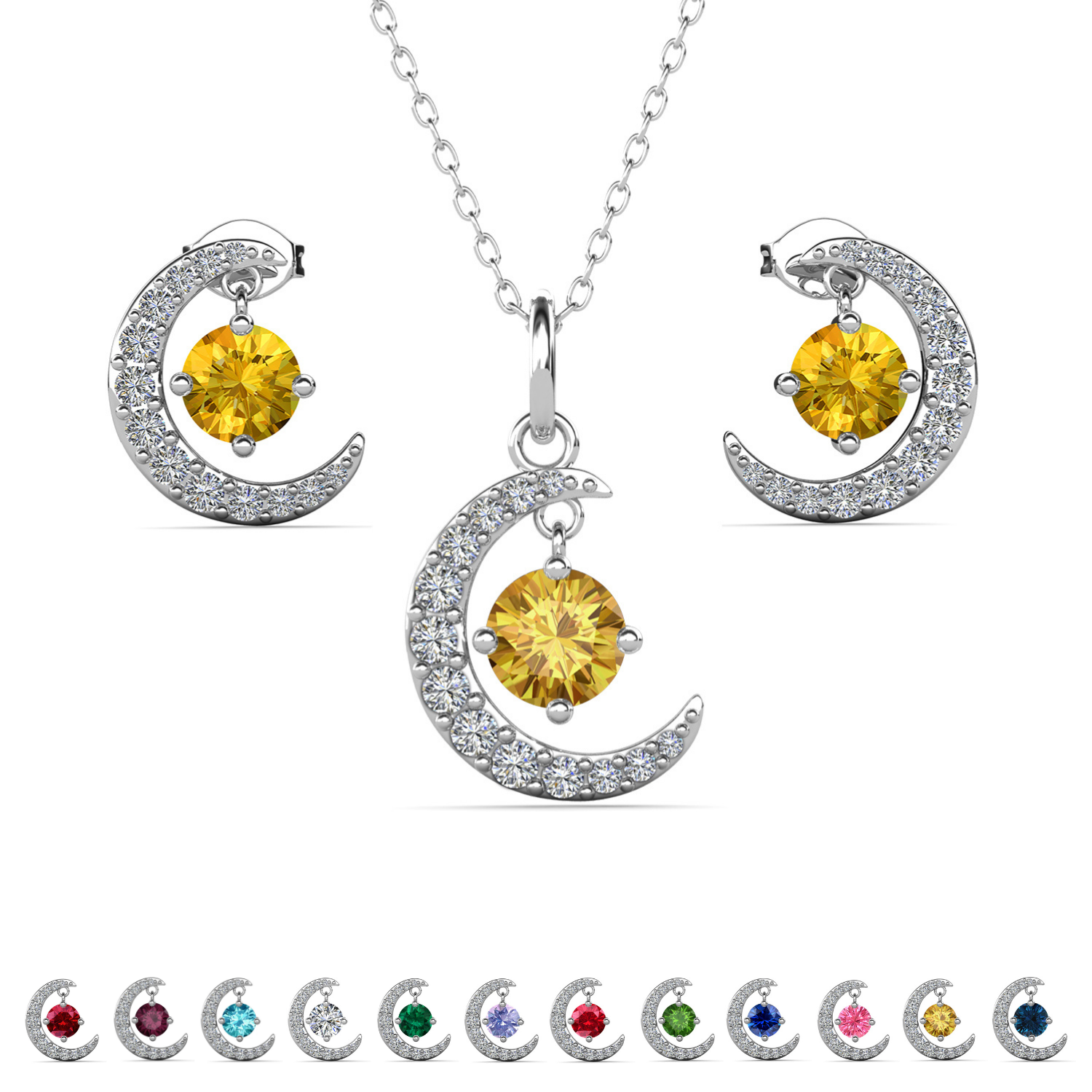 Luna Birthstone 18k White Gold Plated Silver Crescent Earrings and Necklace Set with Swarovski Crystals