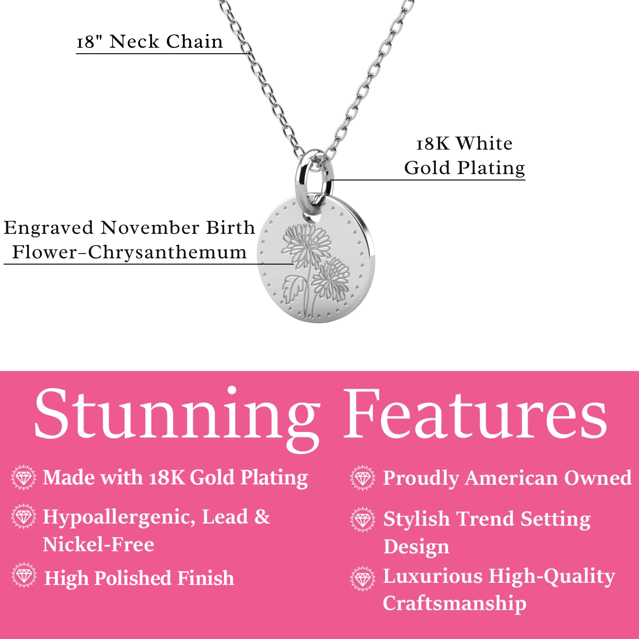 Floral 18k White Gold Plated Engraved Birth Month Flower Pendant Necklace