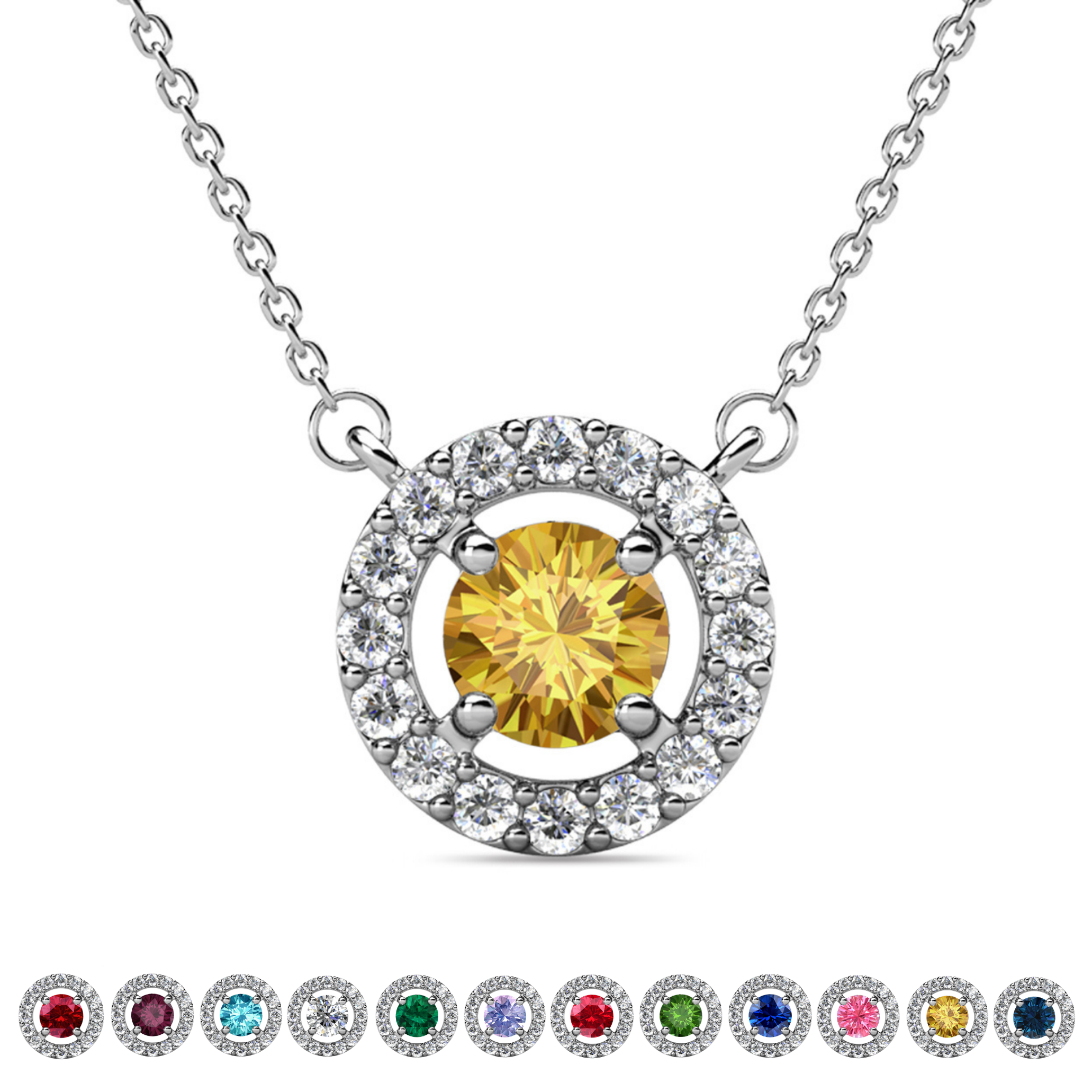 Royal Birthstone 18k White Gold Plated Halo Necklace with Round Cut Swarovski Crystals