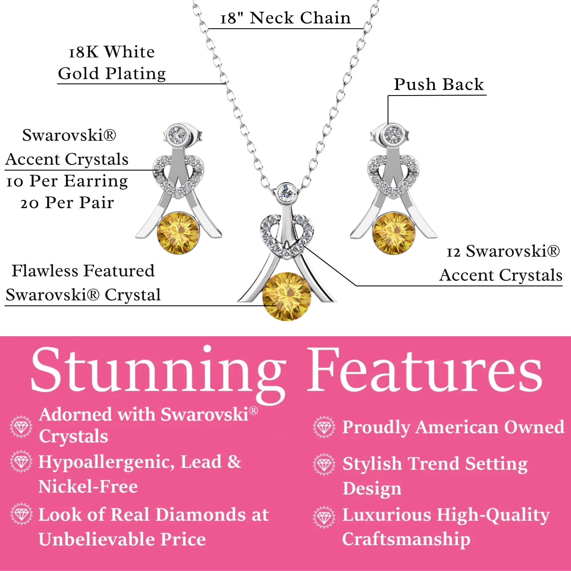 Serenity Birthstone 18k White Gold Plated Drop Earrings and Necklace Set with Swarovski Crystals