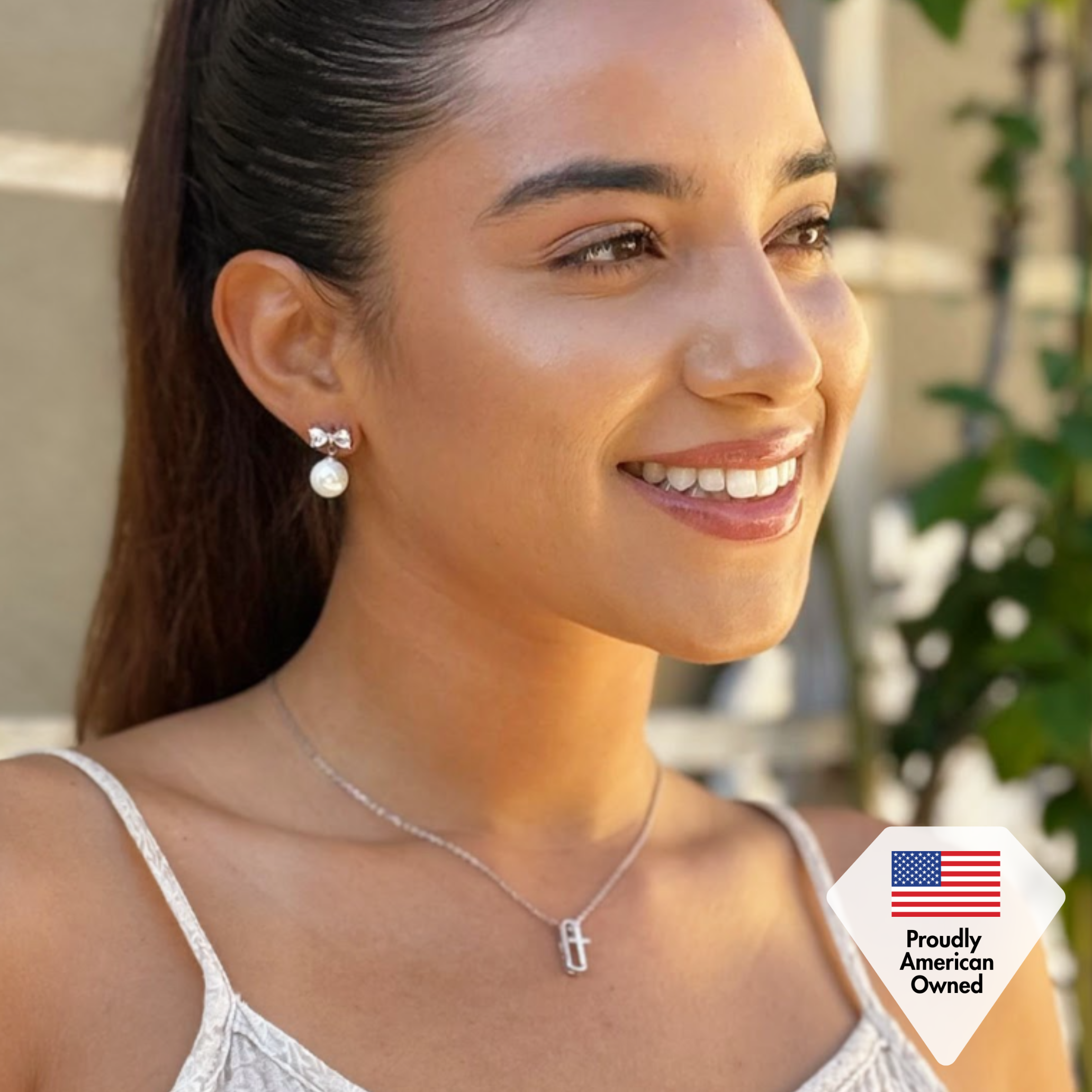 Oakley 18k White Gold Plated Silver Drop Pearl Earrings with Swarovski Crystals