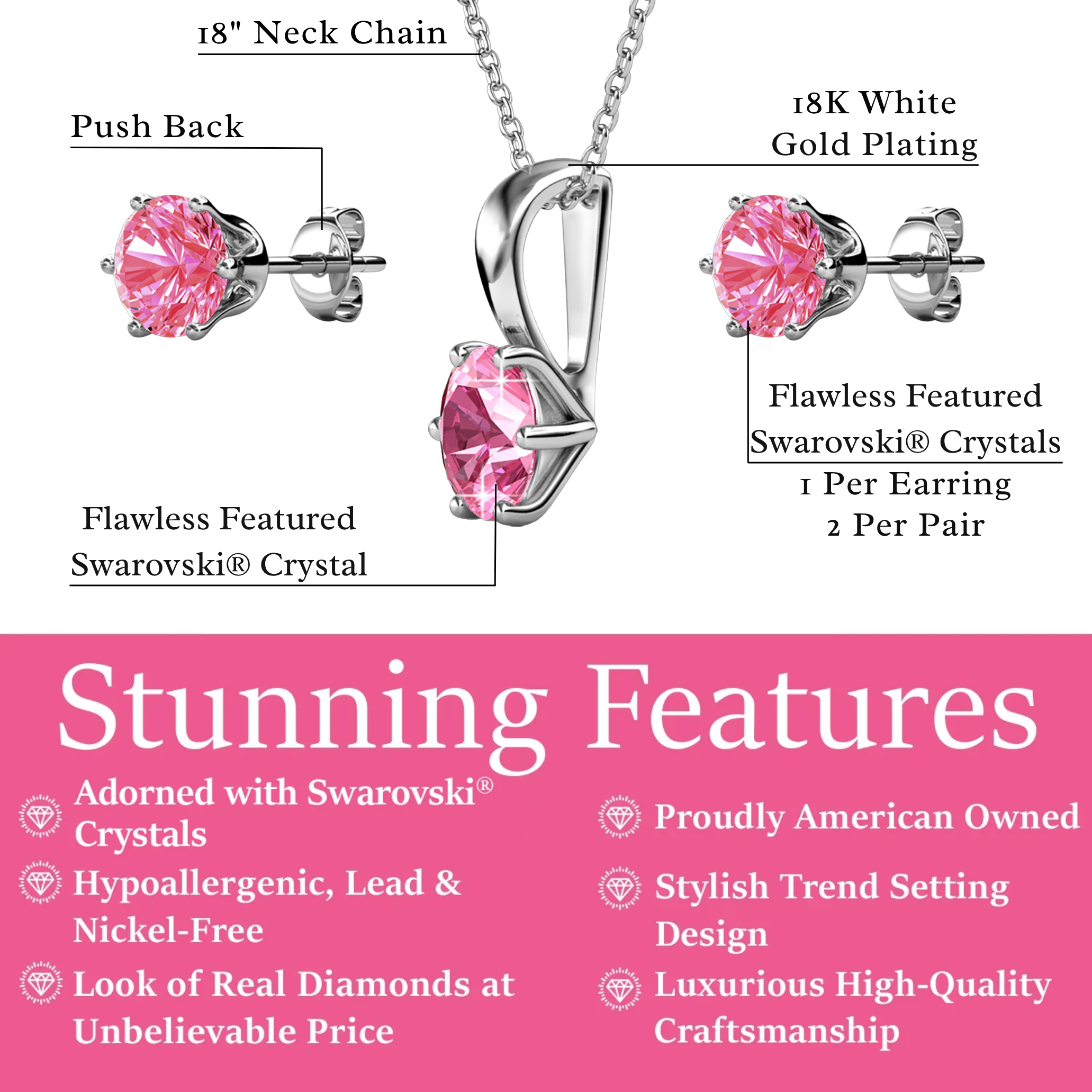 Birthstone 18k White Gold Plated Stud Earrings and Necklace Set with 1ct Swarovski Crystals