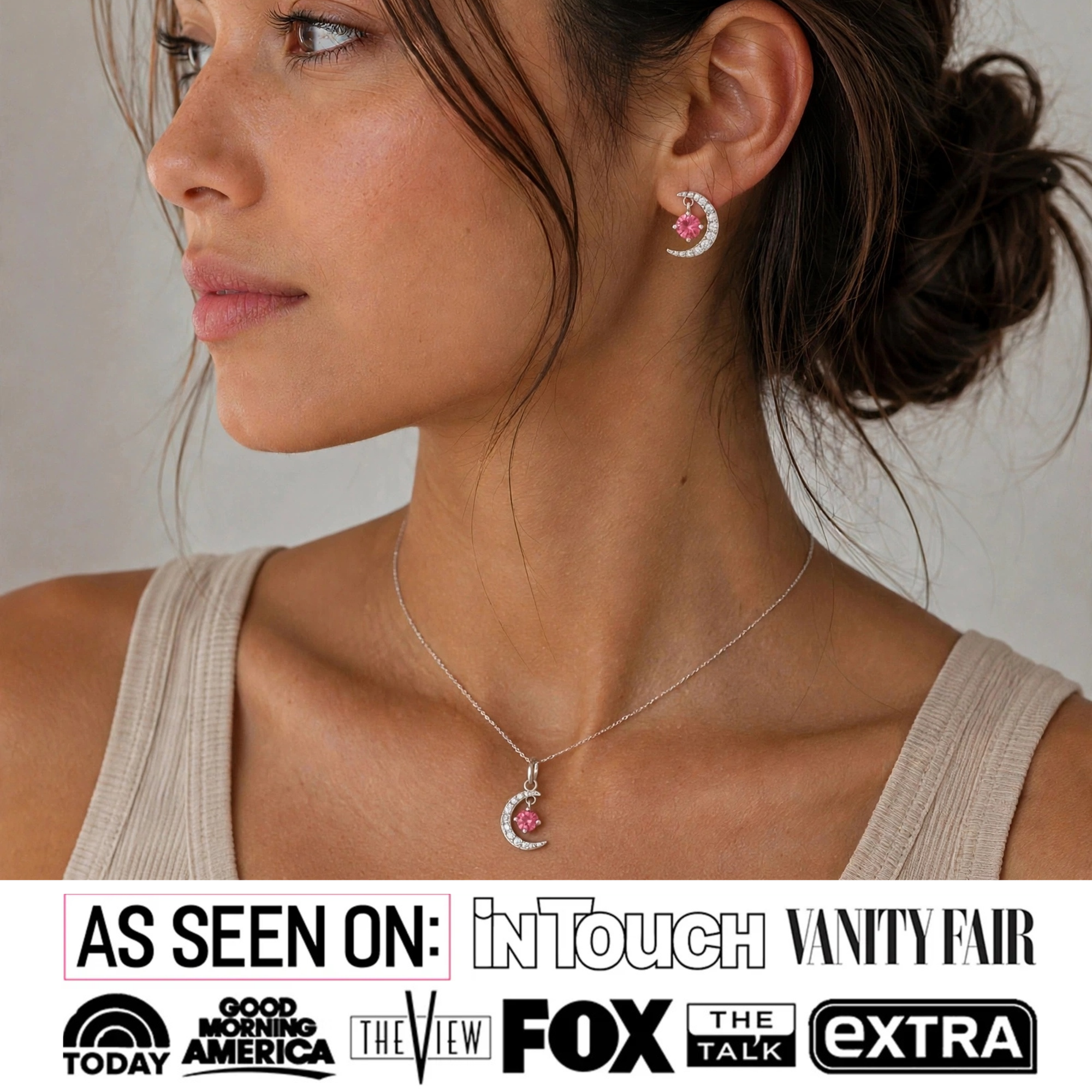 Luna Birthstone 18k White Gold Plated Silver Crescent Earrings and Necklace Set with Swarovski Crystals