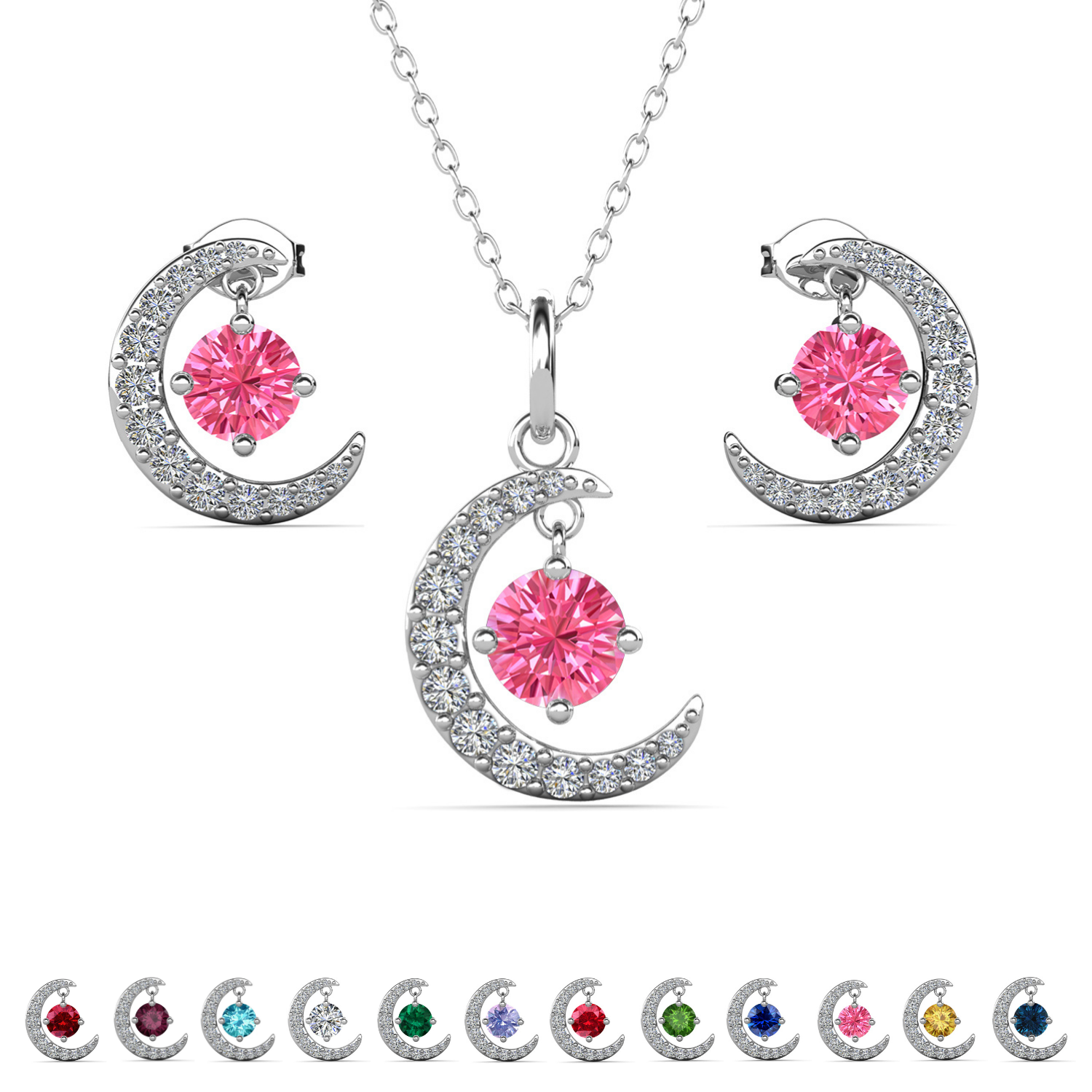 Luna Birthstone 18k White Gold Plated Silver Crescent Earrings and Necklace Set with Swarovski Crystals