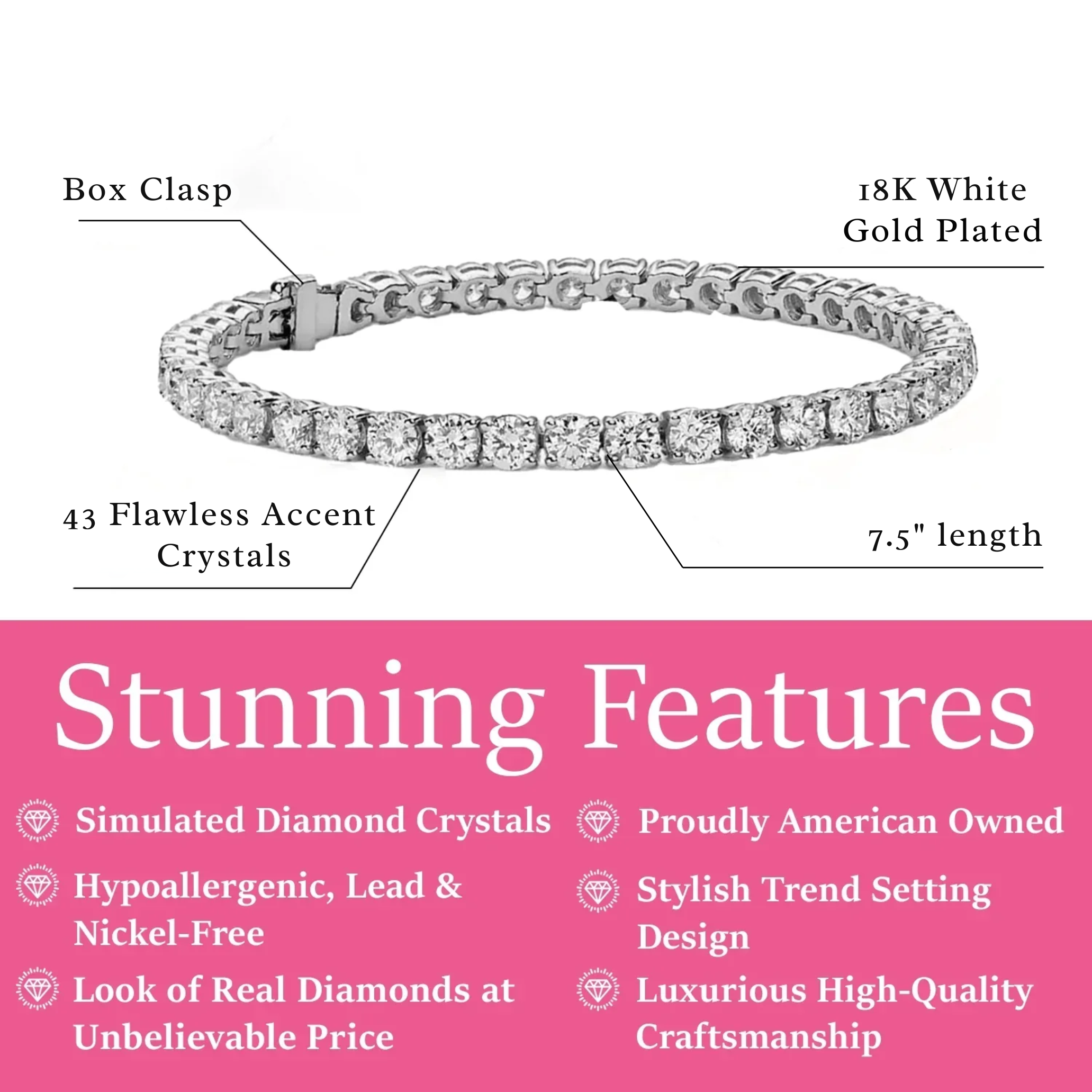 Olivia 18k White Gold Plated Tennis Bracelet with Simulated Diamond Crystals