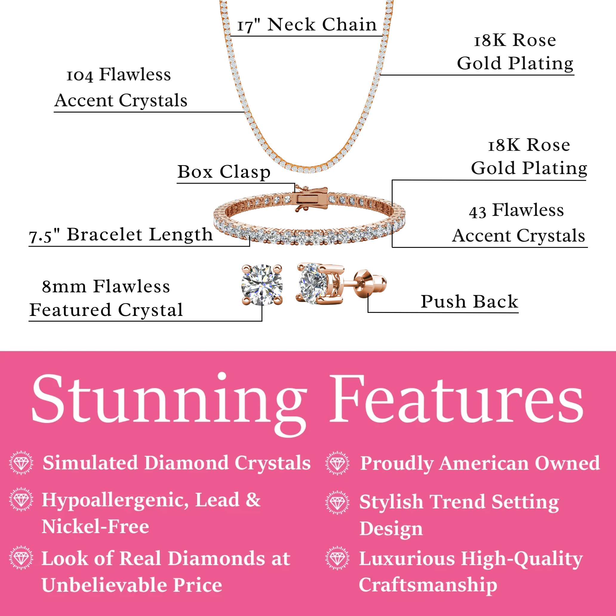 Olivia 18k White Gold Plated Jewelry Set with Simulated Diamond Crystals (Pack of 3)