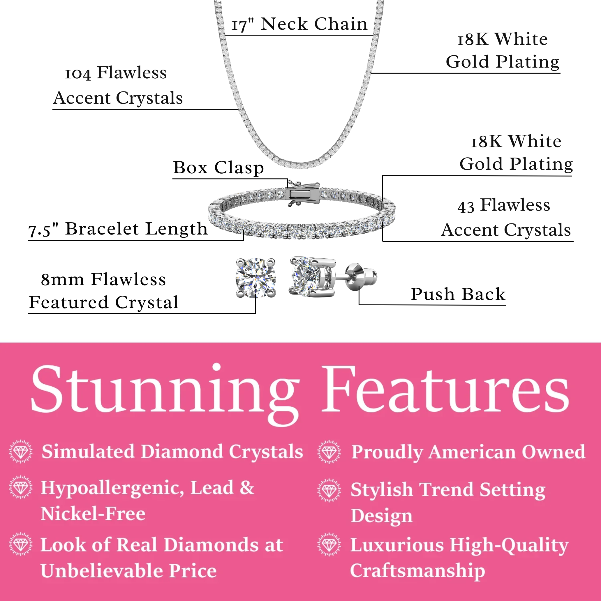 Olivia 18k White Gold Plated Jewelry Set with Simulated Diamond Crystals (Pack of 3)