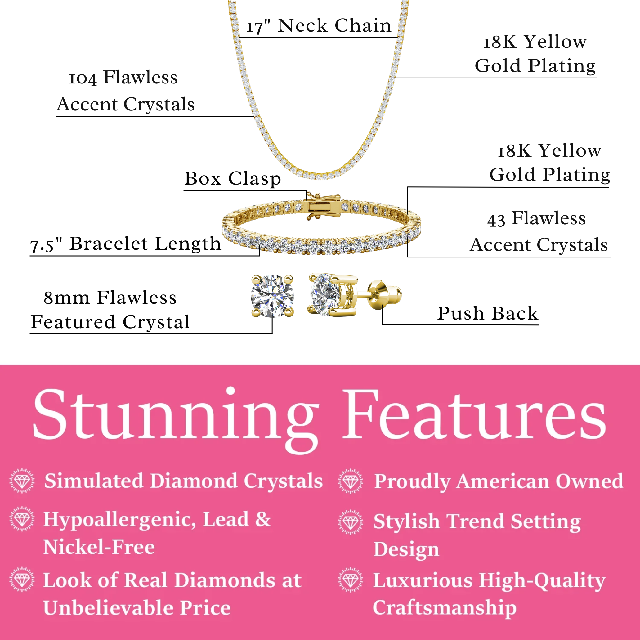 Olivia 18k White Gold Plated Jewelry Set with Simulated Diamond Crystals (Pack of 3)