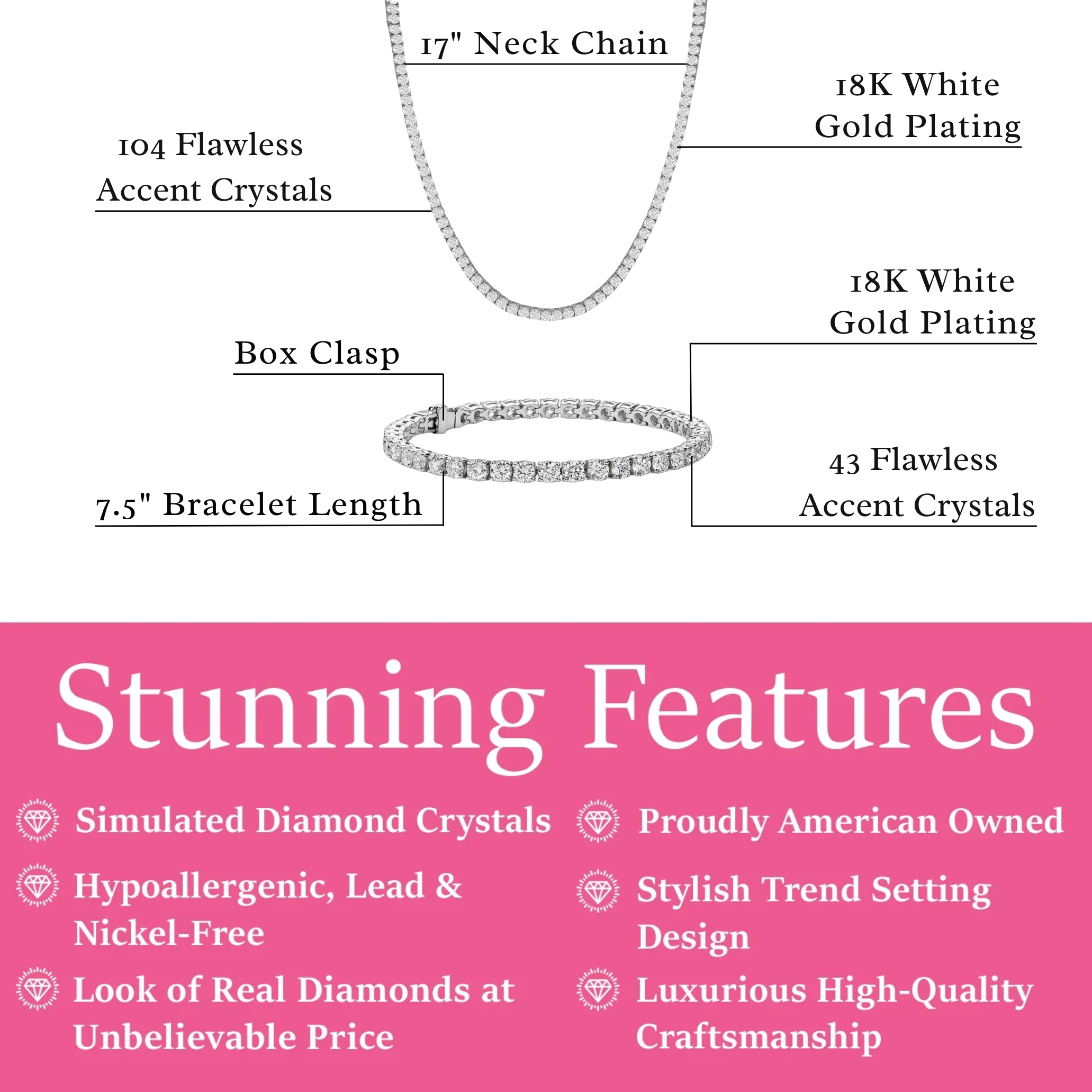 Olivia 18k White Gold Plated Tennis Bracelet and Necklace Set with Crystals