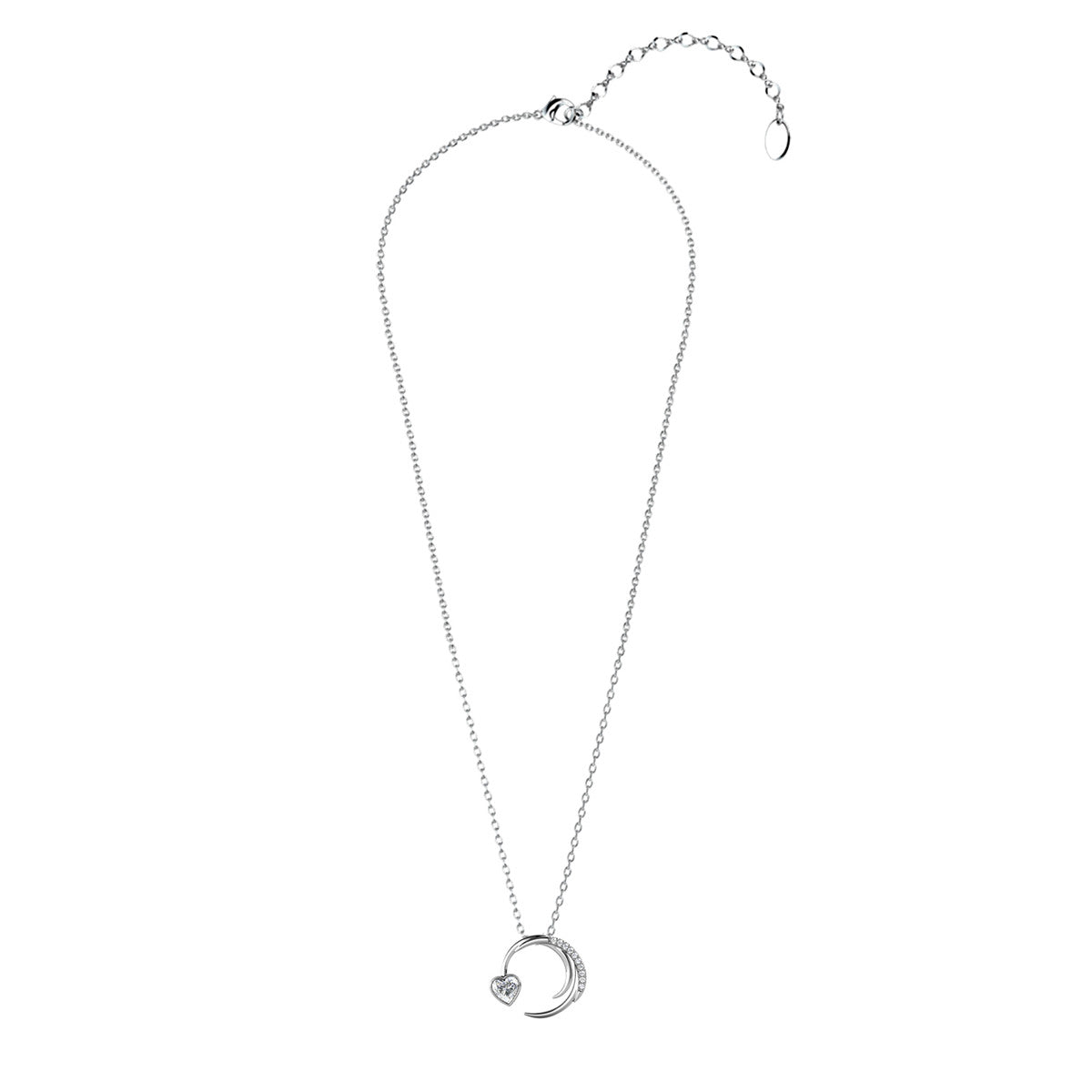 Aelin 18k White Gold Plated Silver Necklace, Crescent Heart Pendant with Swarovski Crystals