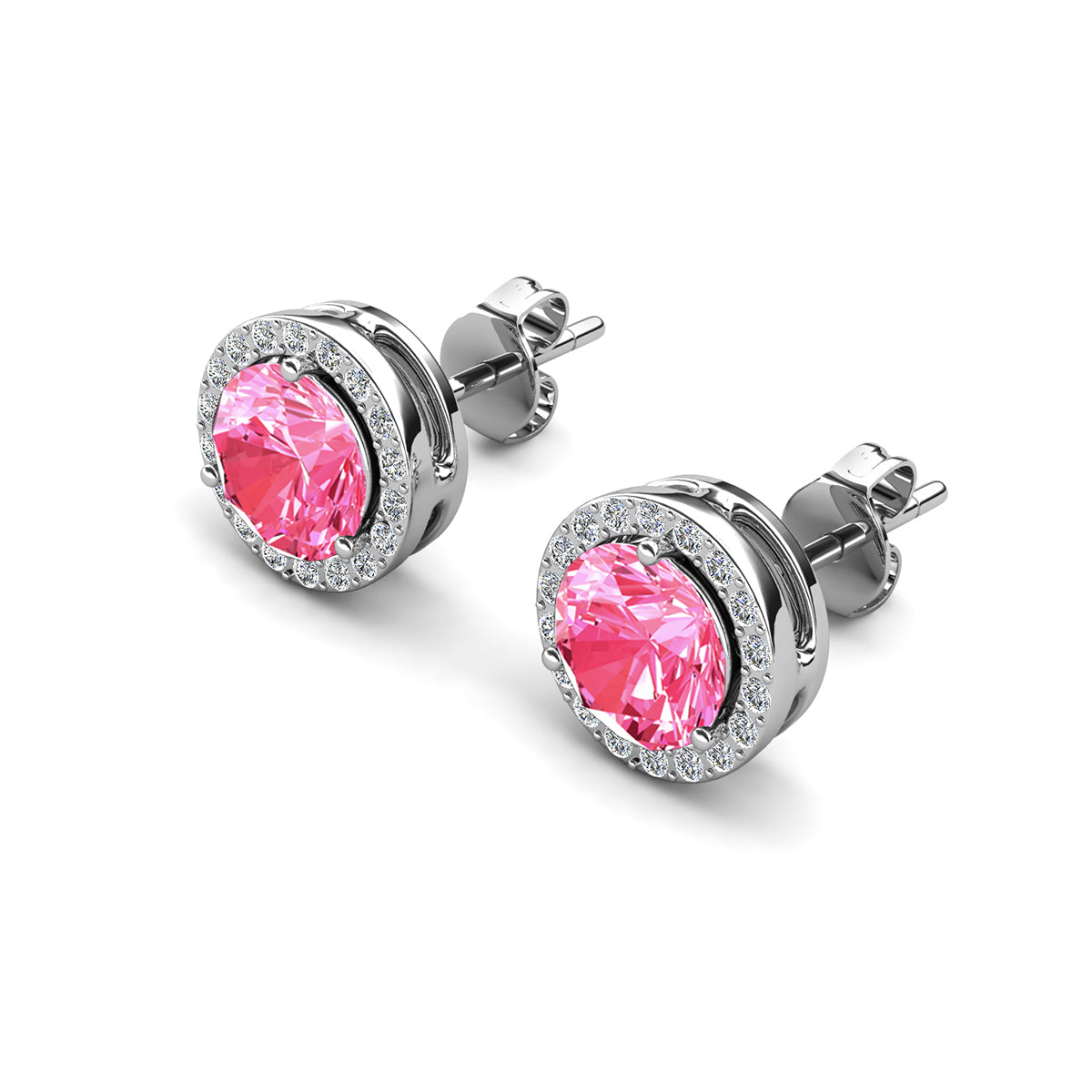 Royal 18k White Gold Plated October Birthstone Halo Earrings with Round Cut Pink Tourmaline Swarovski Crystals