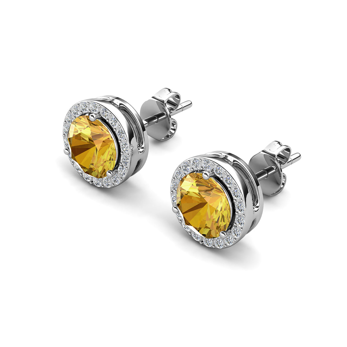 Royal 18k White Gold Plated November Birthstone Halo Earrings with Round Cut Citrine Swarovski Crystals