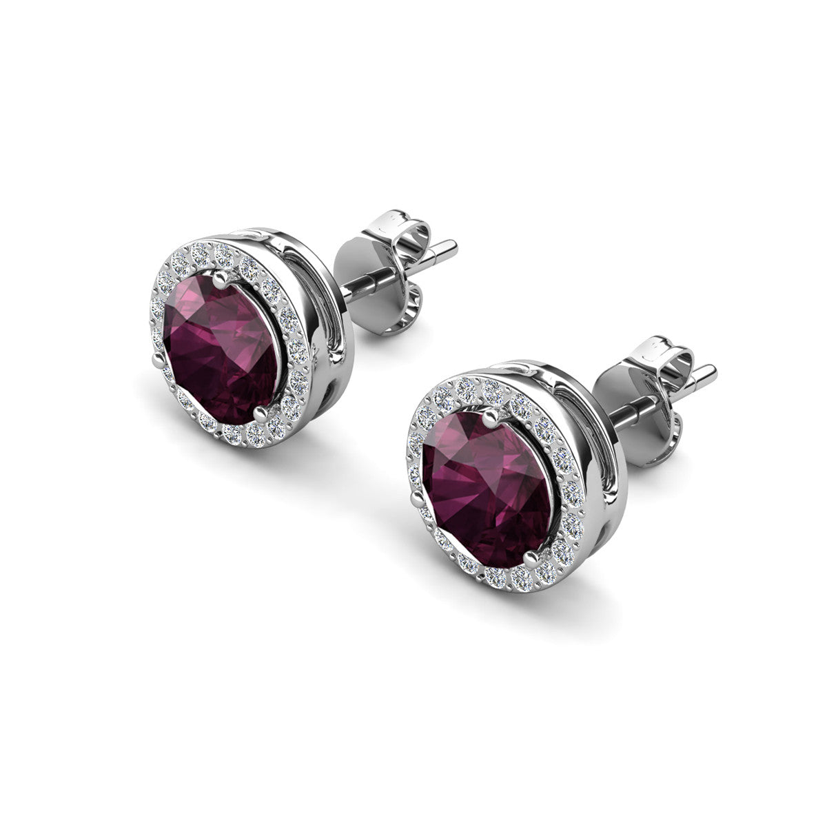 Royal February Birthstone Amethyst Earrings, 18k White Gold Plated Silver Halo Earrings with Round Cut Crystals