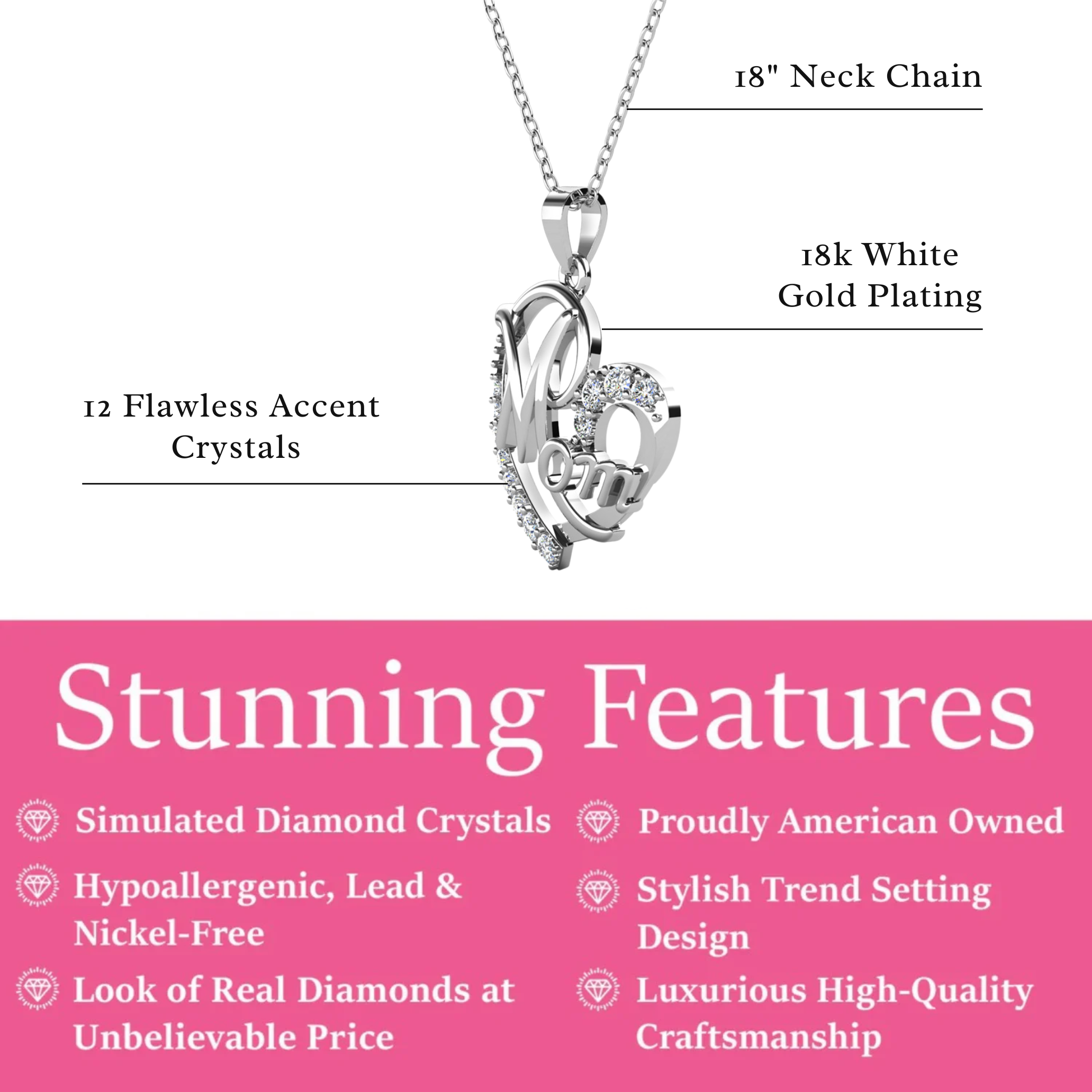 Persephone 18k White Gold Plated Mom Heart Pendant Necklace with Simulated Diamond Crystals