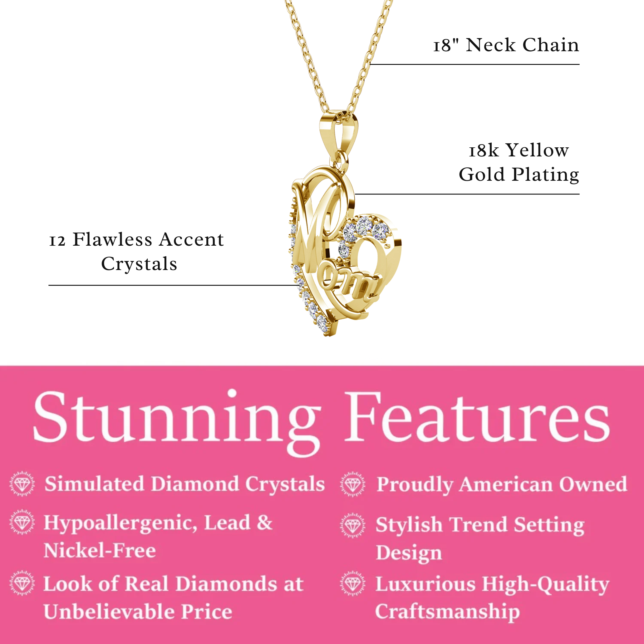 Persephone 18k White Gold Plated Mom Heart Pendant Necklace with Simulated Diamond Crystals