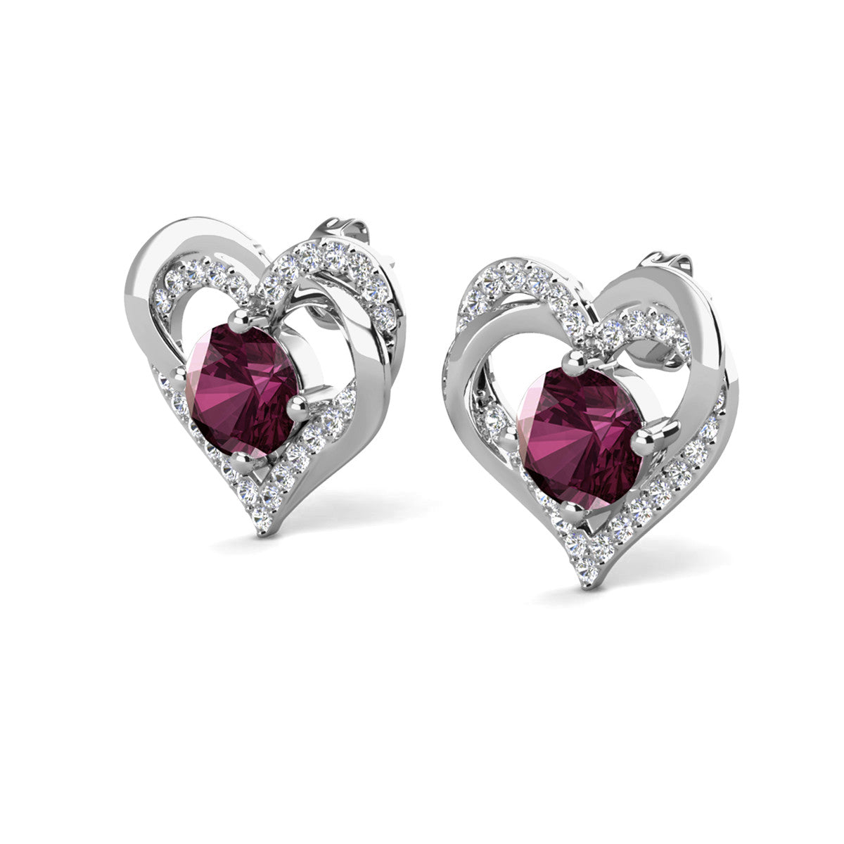 Forever February Birthstone Amethyst Earrings, 18k White Gold Plated Silver Double Heart Crystal Earrings