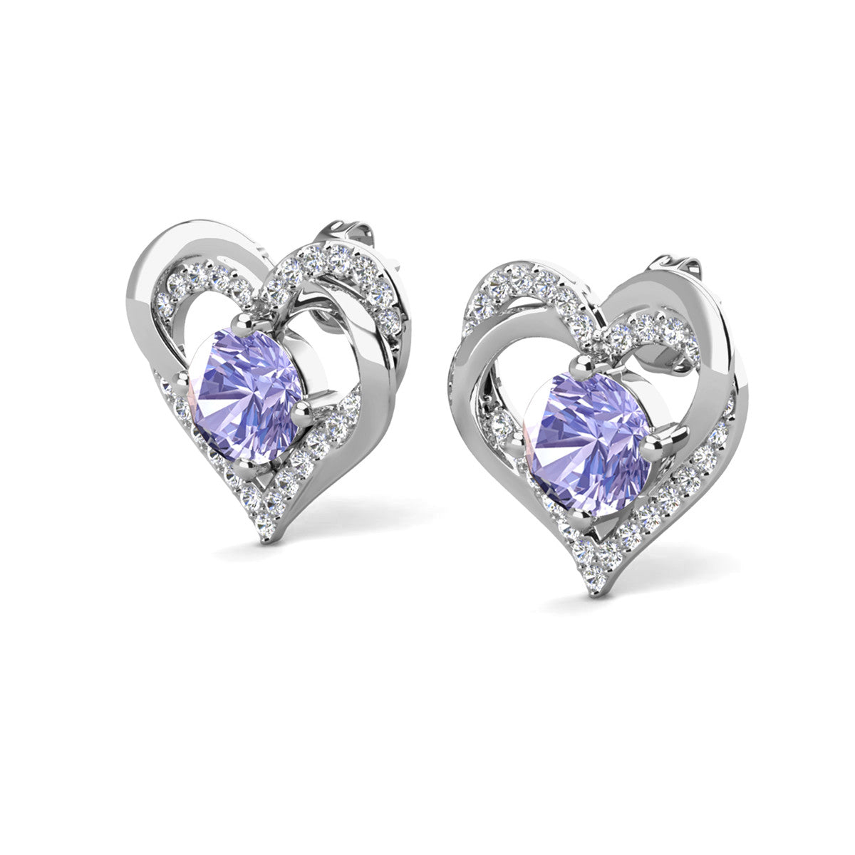永远六月诞生石紫翠玉耳环，18k 镀白金银双心形水晶耳环