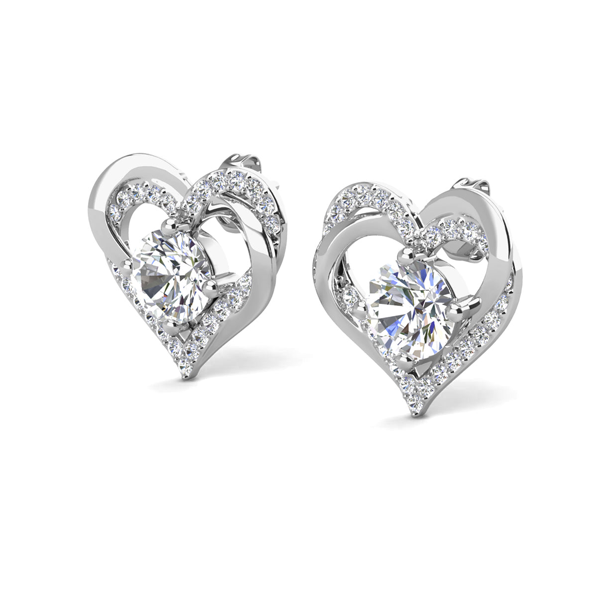 Forever 18k White Gold Plated Birthstone Double Heart Earrings with Crystals