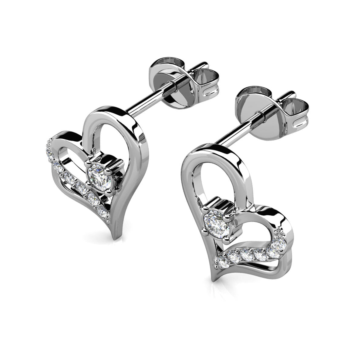 Kara 18k White Gold Plated Silver Heart Stud Earrings with Swarovski Crystals