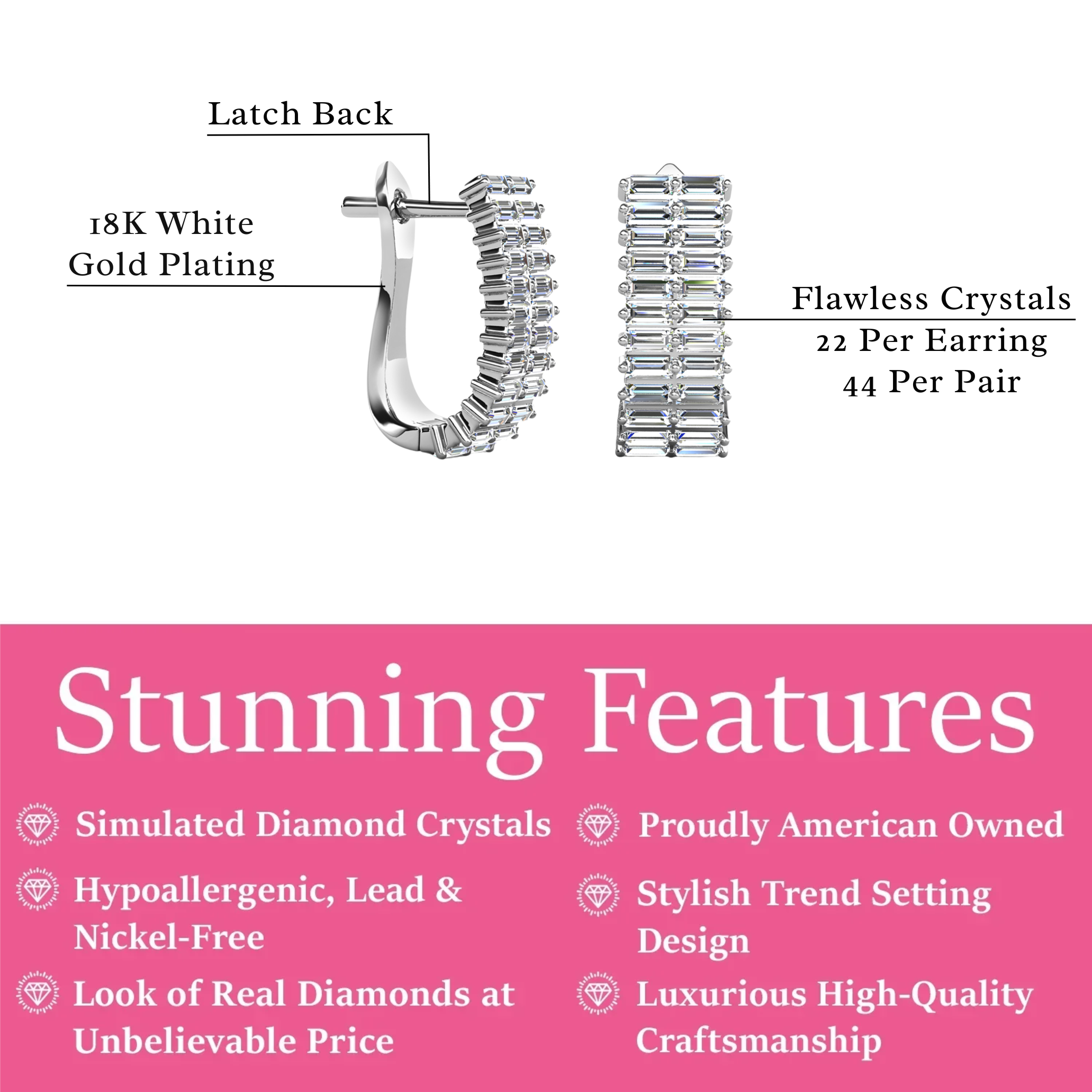 Pixie 18k White Gold Plated 17mm Hoop Earrings with Simulated Diamond Crystals