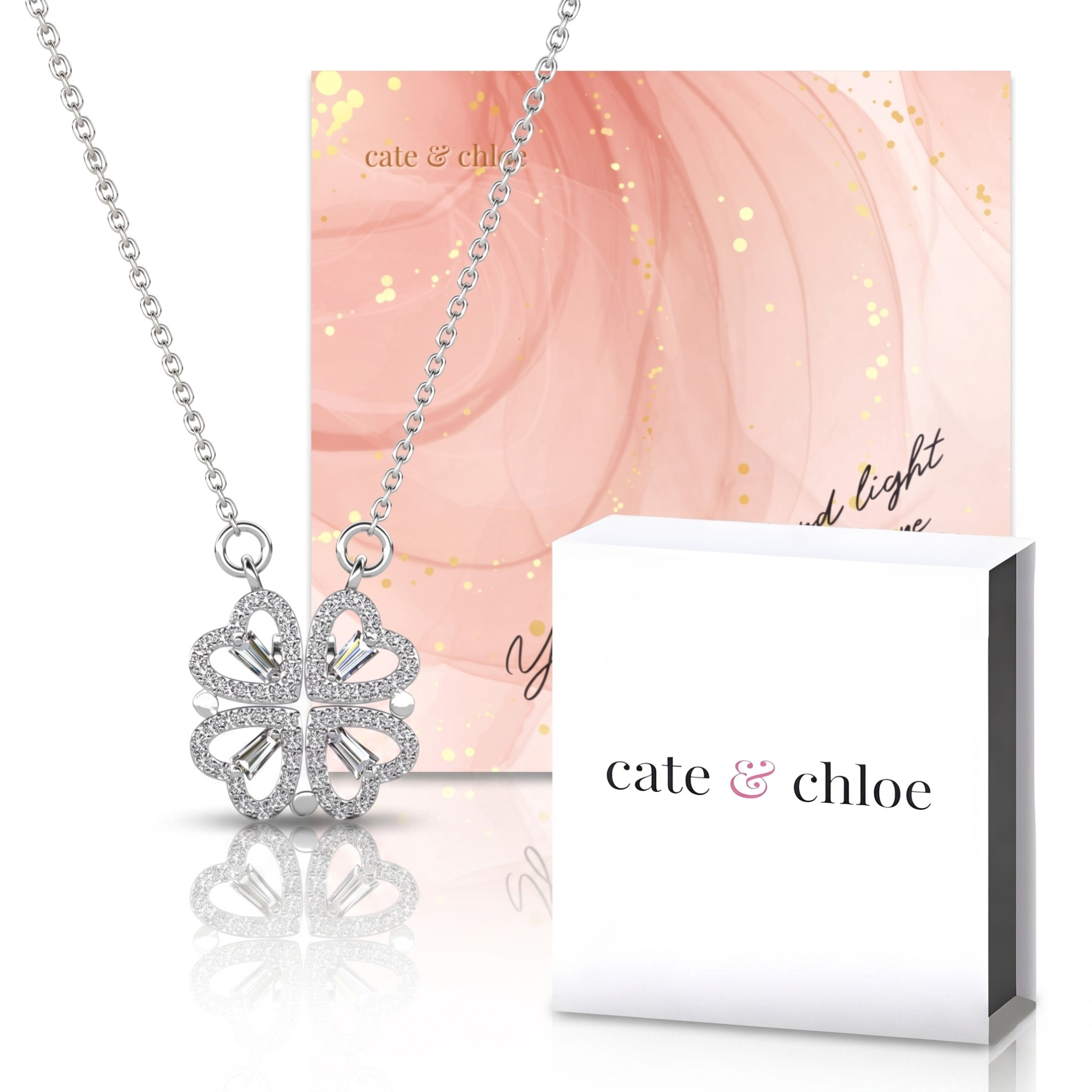 Posie 18k White Gold Plated Heart Clover Necklace & Kindness and Light Pink Paint Card