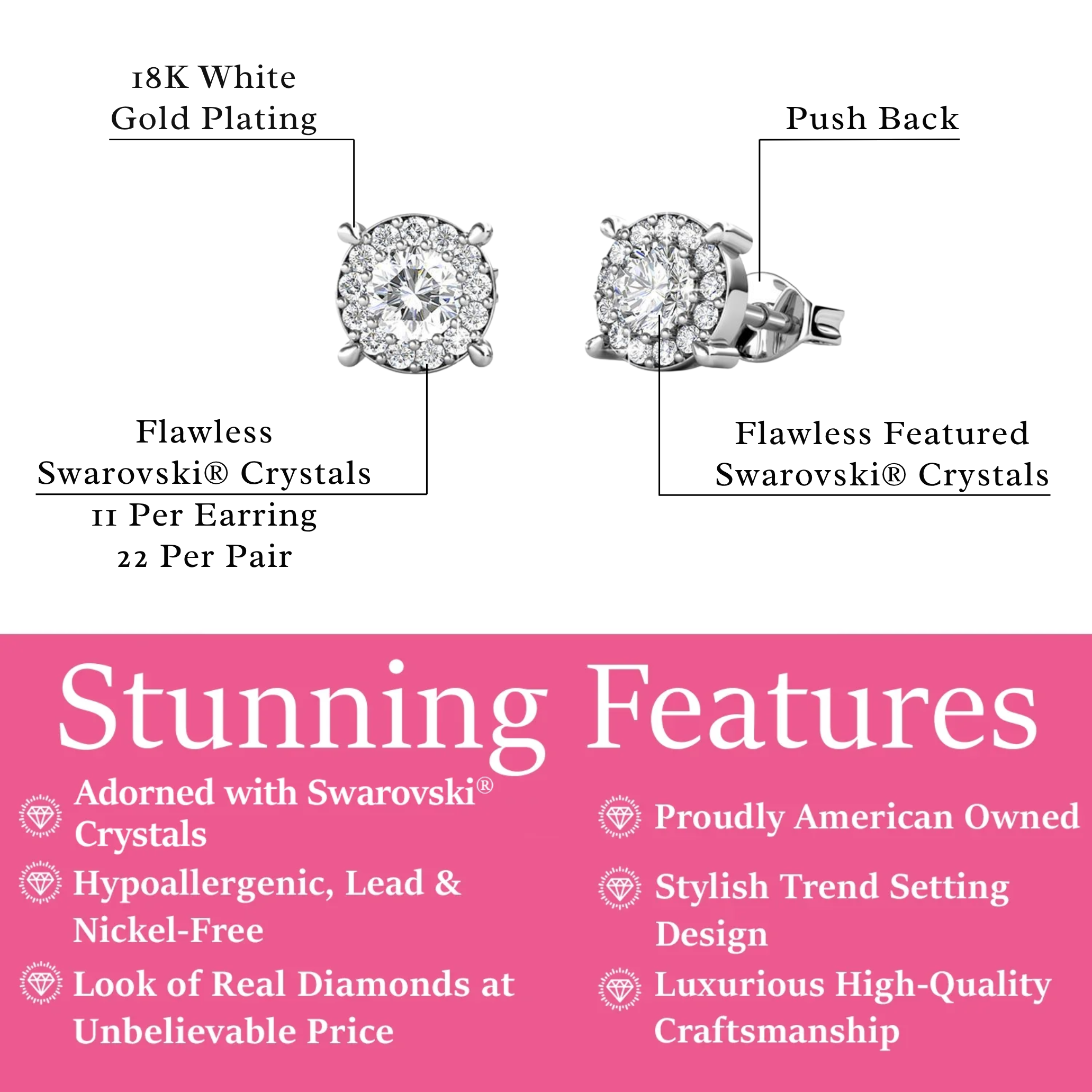 Raylee 18k White Gold Plated Halo Stud Earrings with Swarovski Crystals