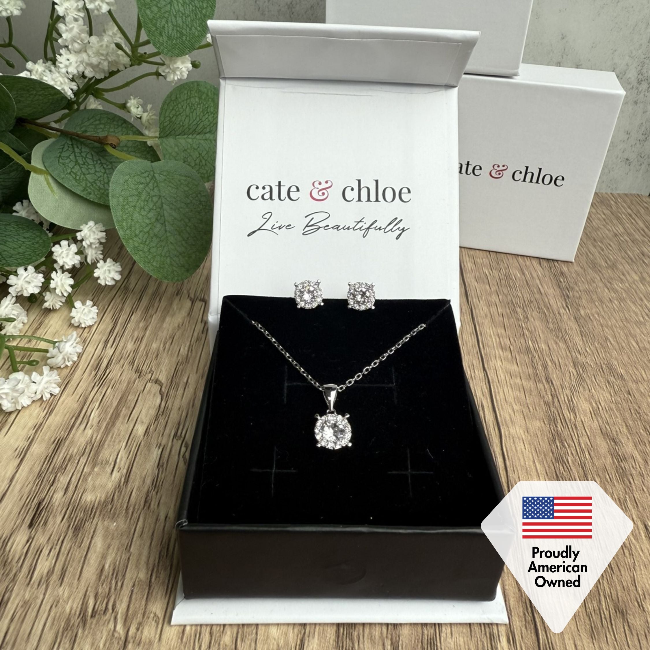 Raylee 18k White Gold Plated Halo Necklace and Stud Earrings Jewelry Set with Swarovski Crystals