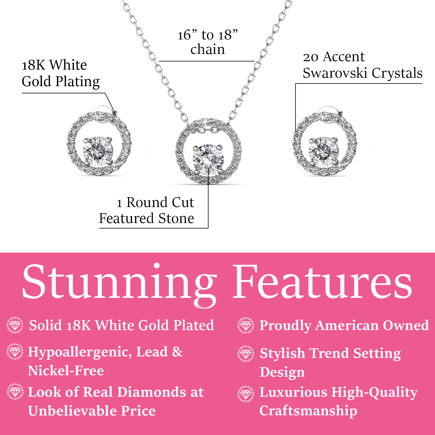 Reign 18k White Gold Necklace and Earrings Jewelry Set with Crystals