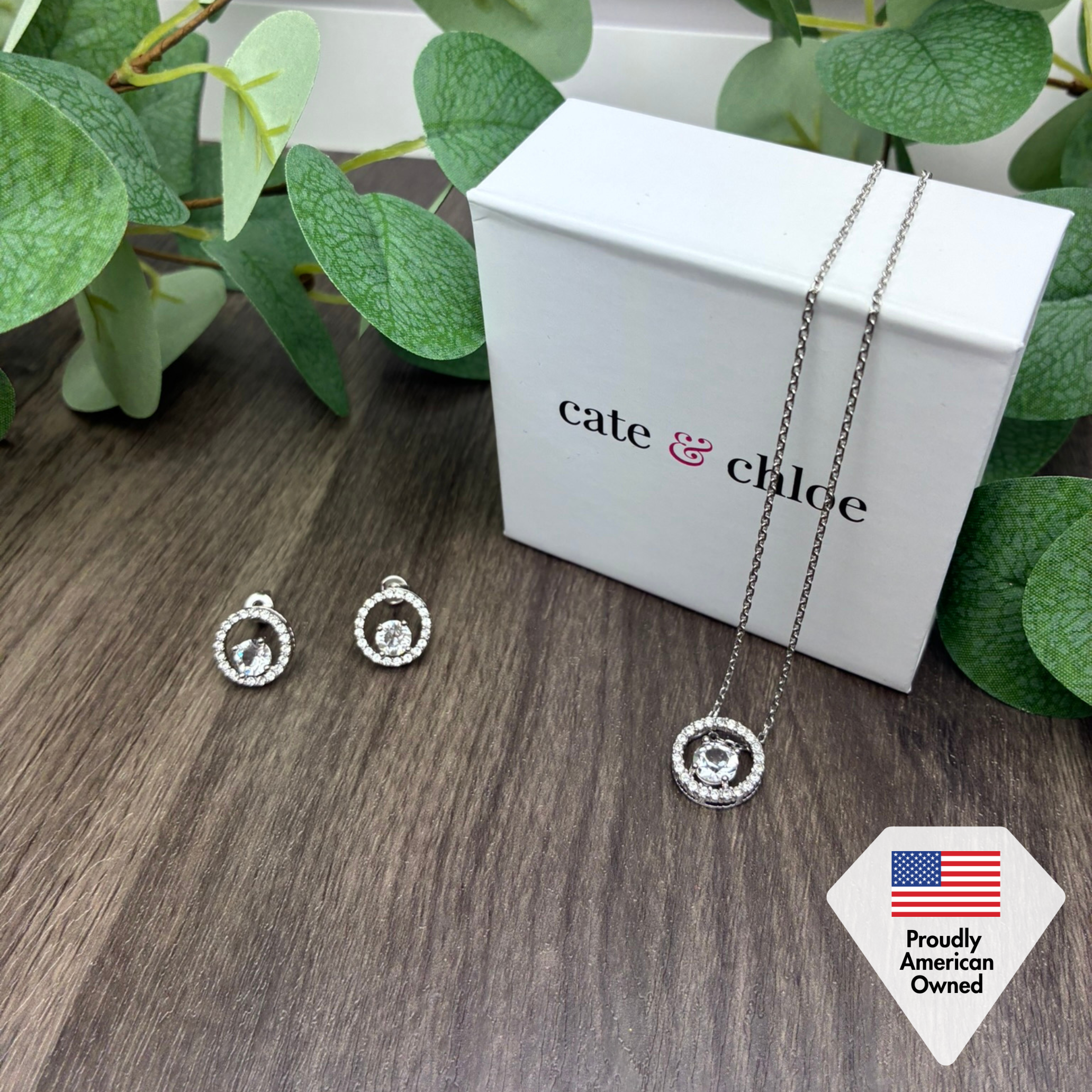 Reign 18k White Gold Plated Halo Necklace and Earrings Jewelry Set with Swarovski Crystals