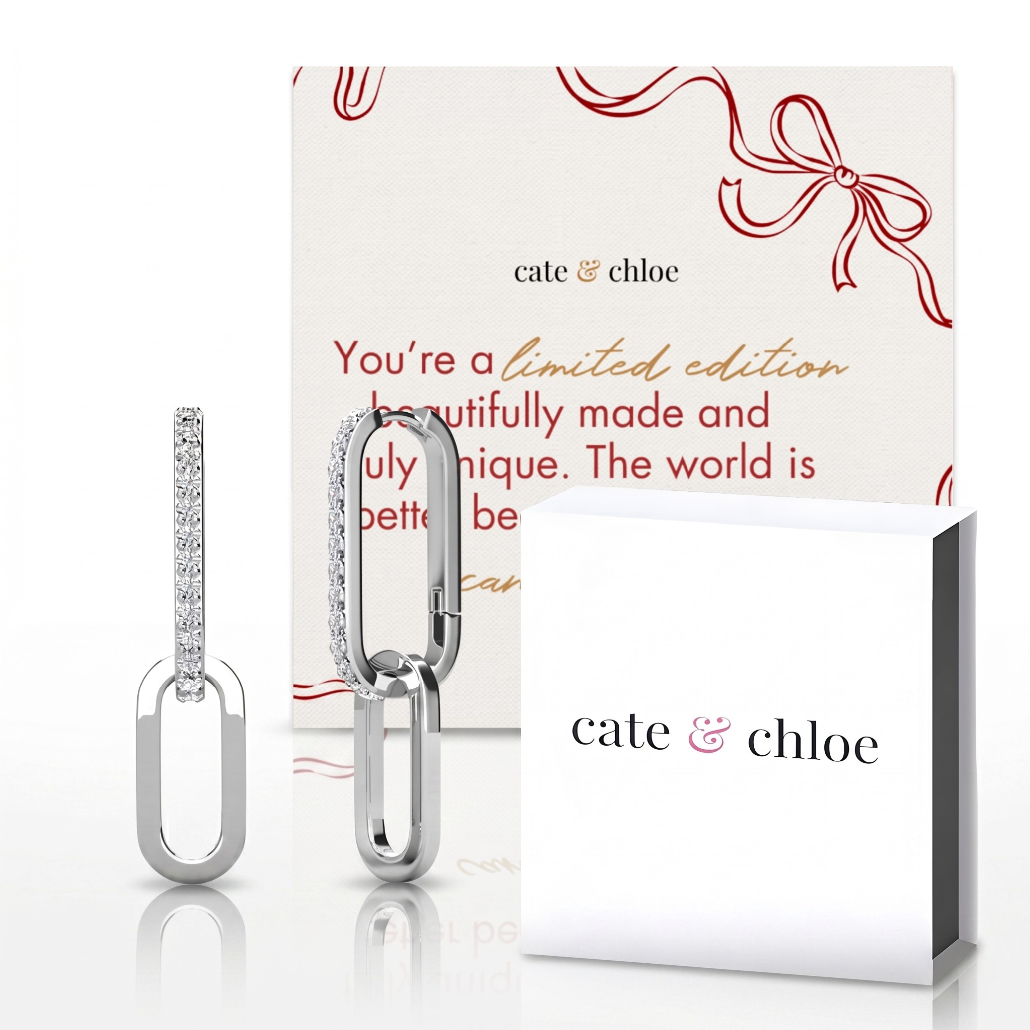 Remington 18k White Gold Plated Dangle Earrings & Limited Edition Ribbon Card