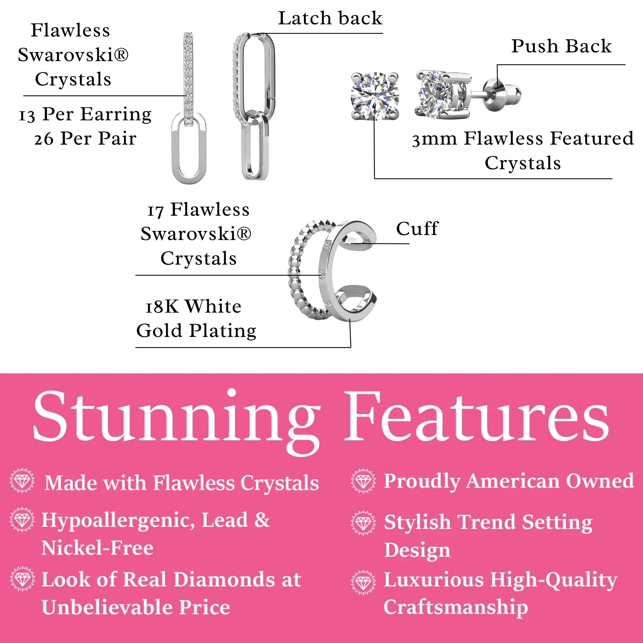 Remington, Mia, Sasha 18k White Gold Plated Earring Stacking Set