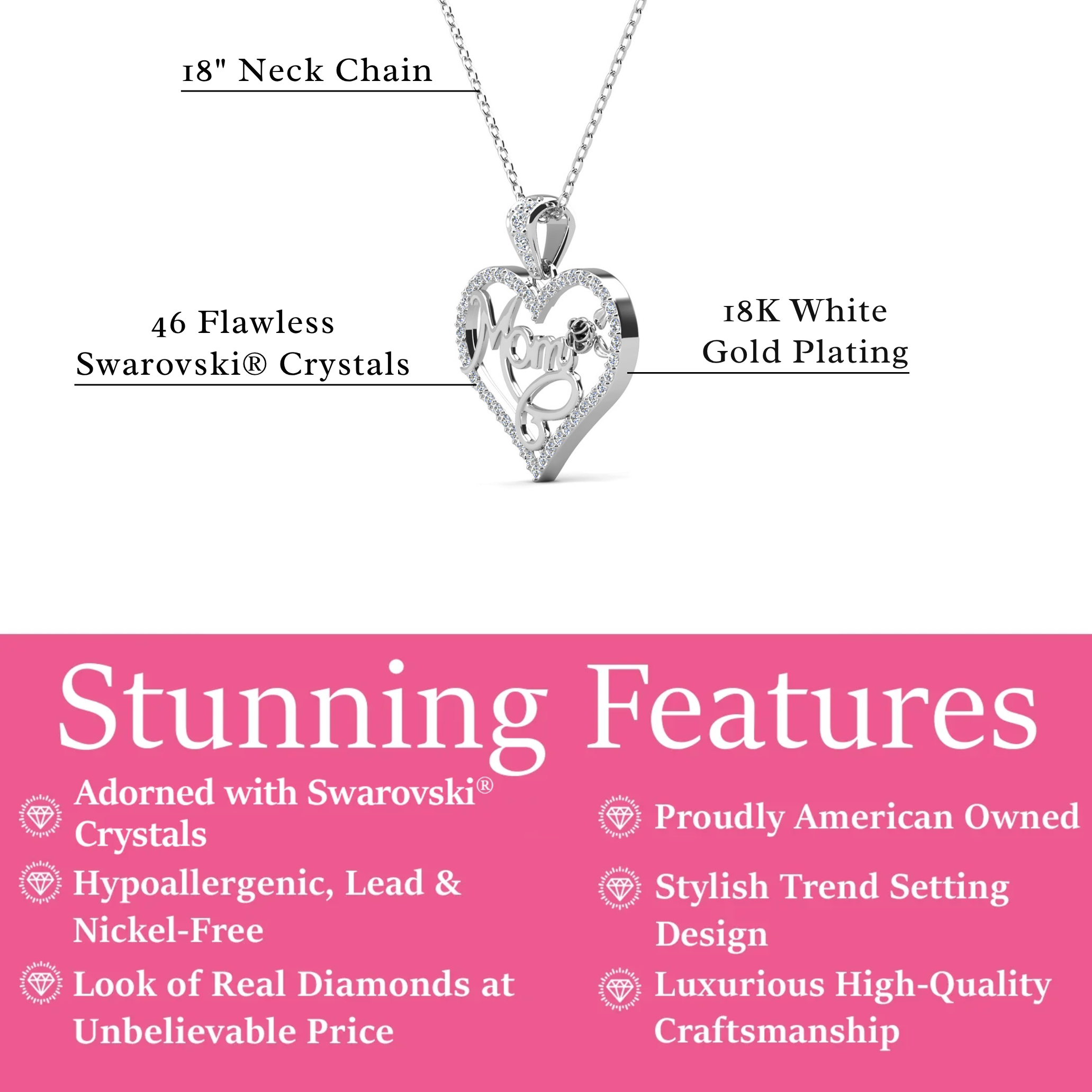 Rhonda 18k White Gold Plated Mom Heart Necklace with Swarovski Crystals