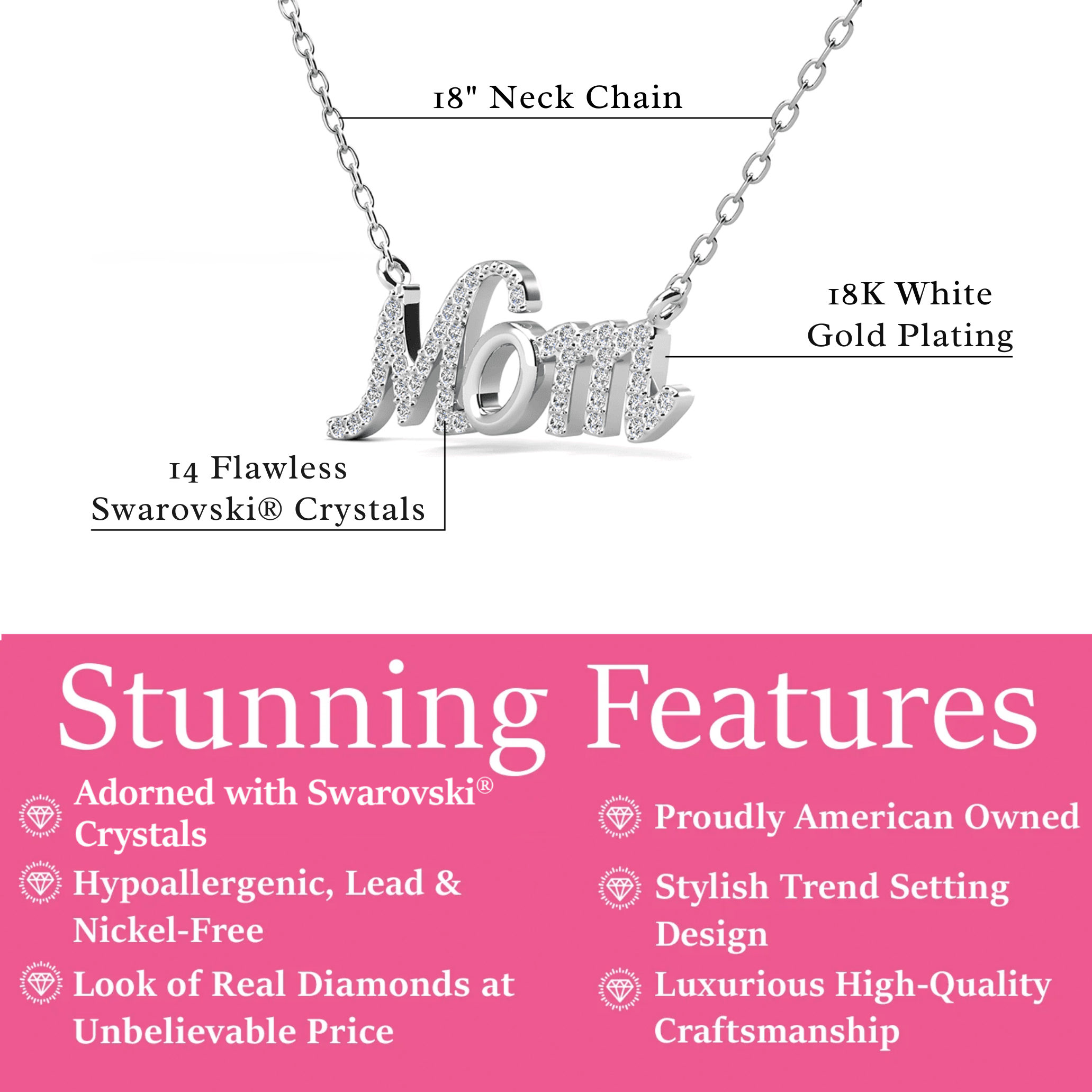Riley 18k White Gold Plated Mom Necklace with Swarovski Crystals