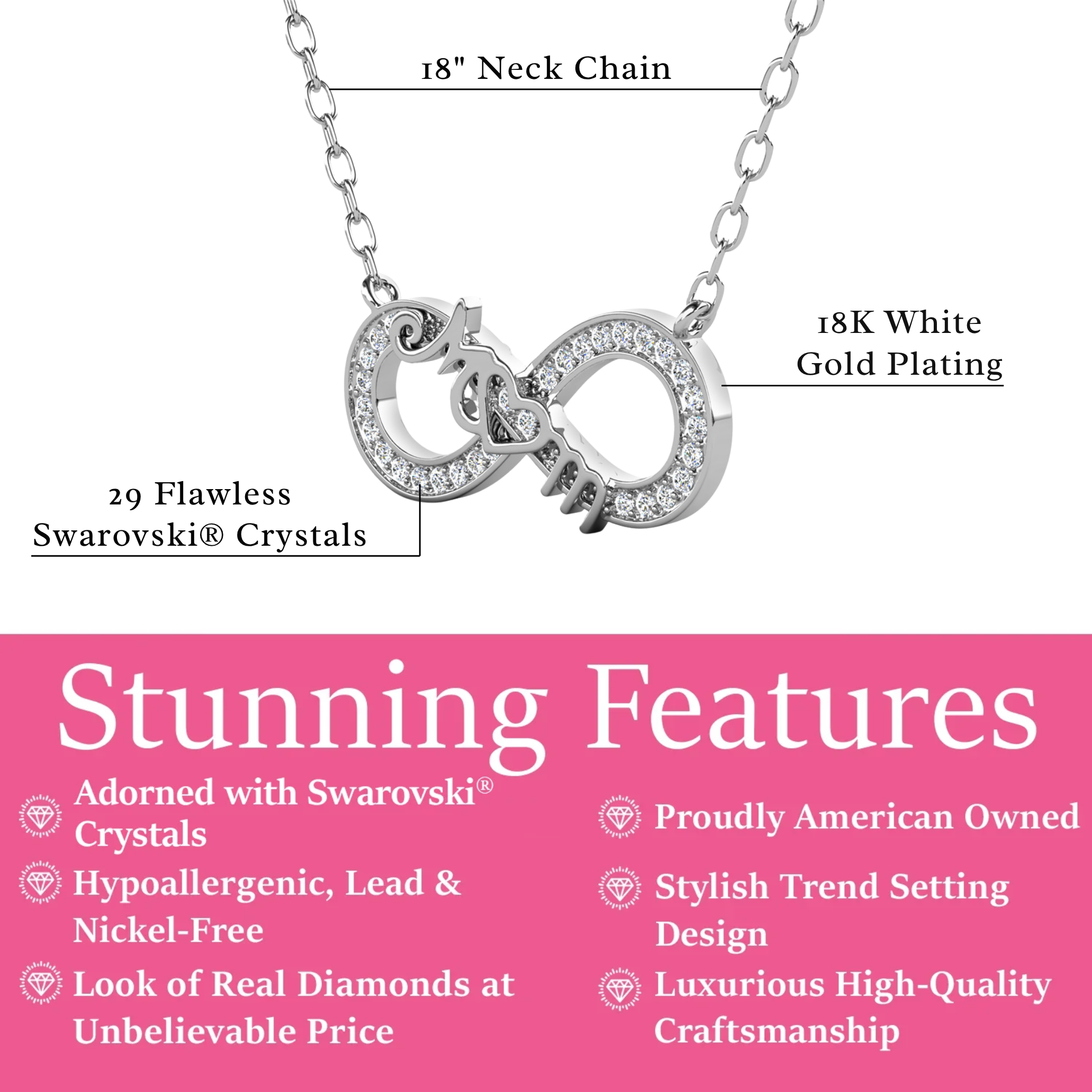Robin 18k White Gold Plated Mom Infinity Necklace with Swarovski Crystals