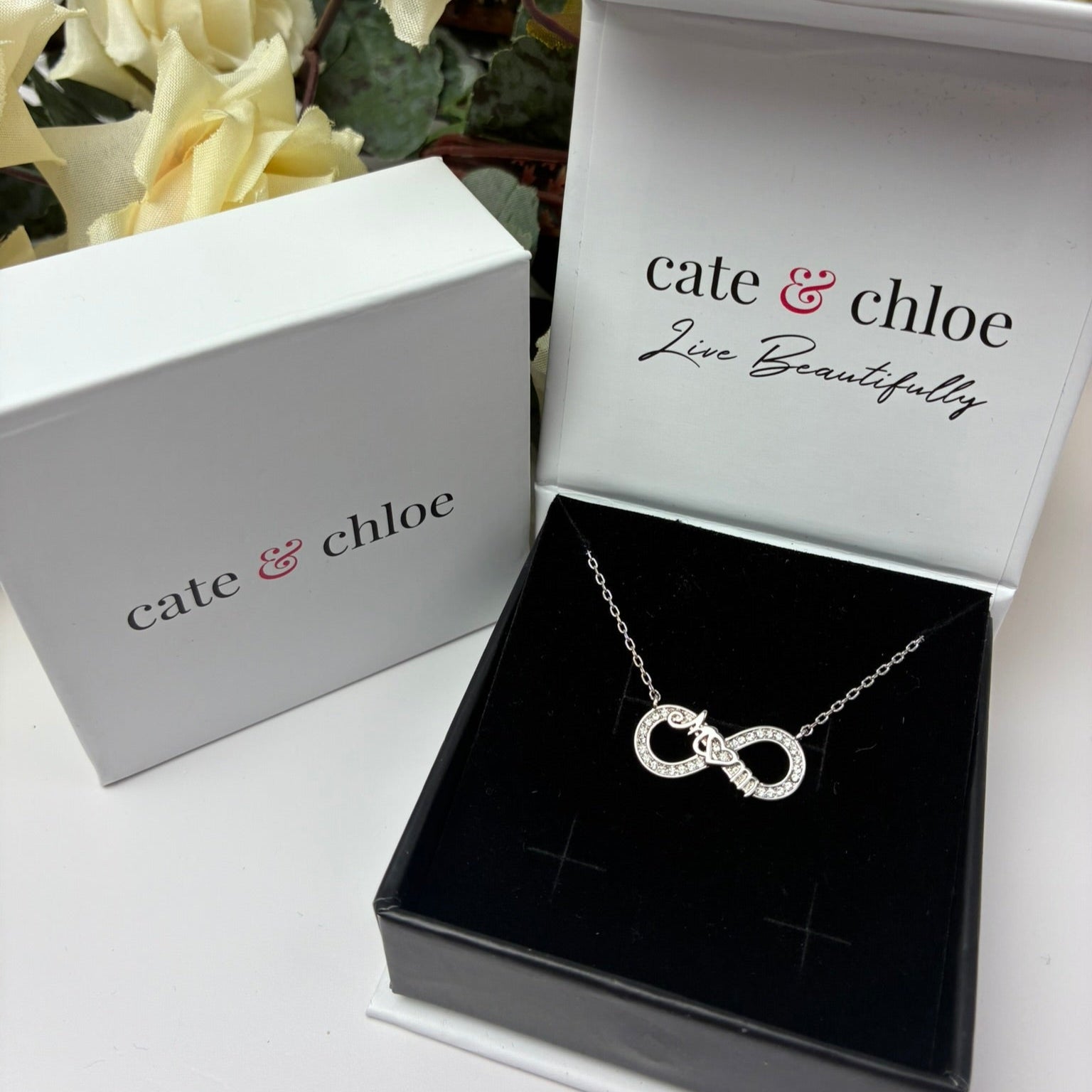 Robin 18k White Gold Plated Mom Infinity Necklace with Swarovski Crystals