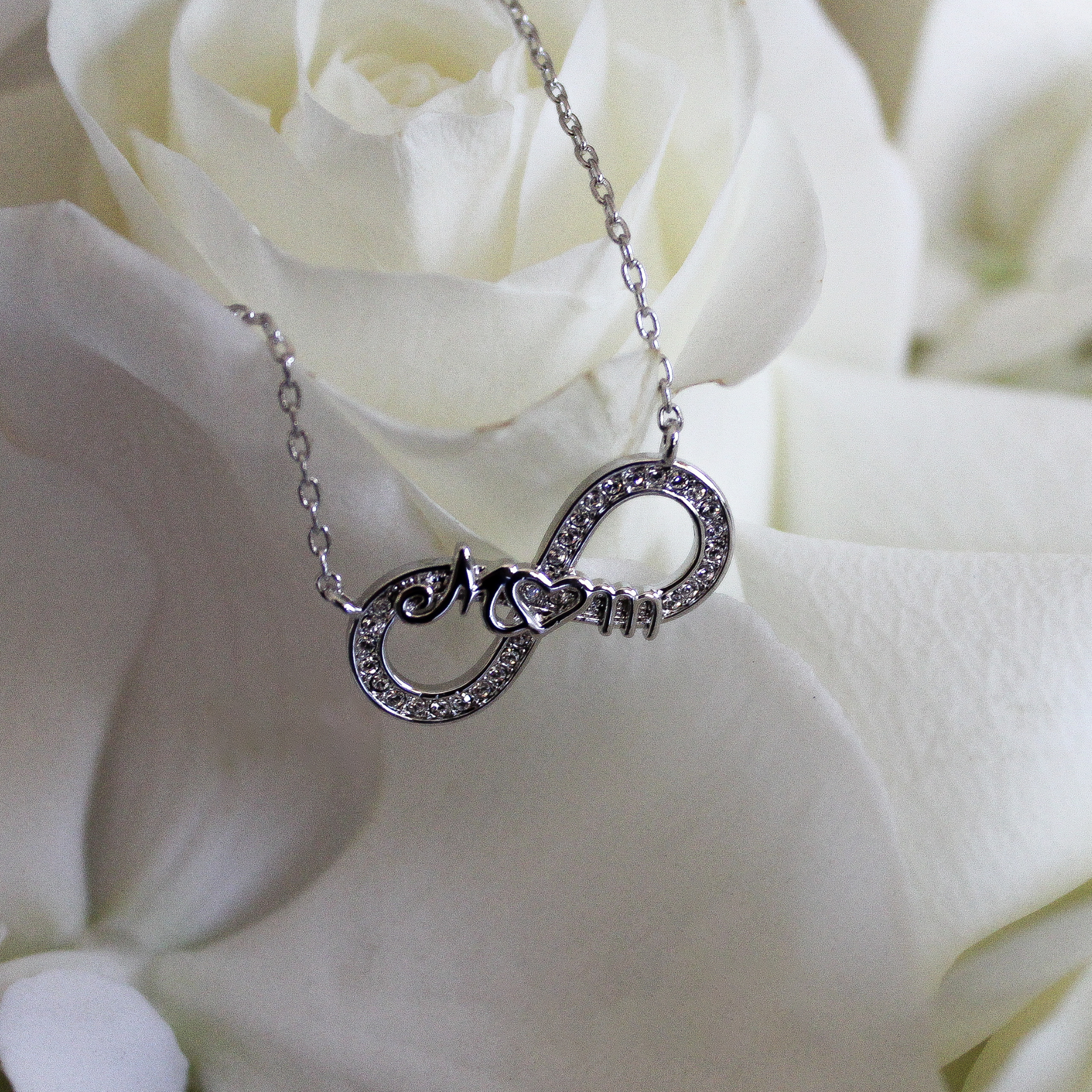 Robin 18k White Gold Plated Mom Infinity Necklace with Swarovski Crystals - FAB FAV