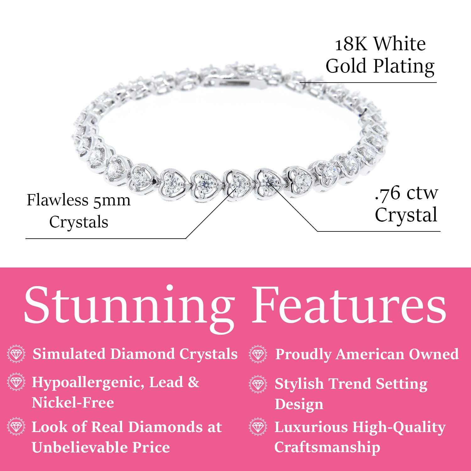 Rosalie 18k White Gold Plated Heart Tennis Bracelet with Simulated CZ Crystals - Fab Friday