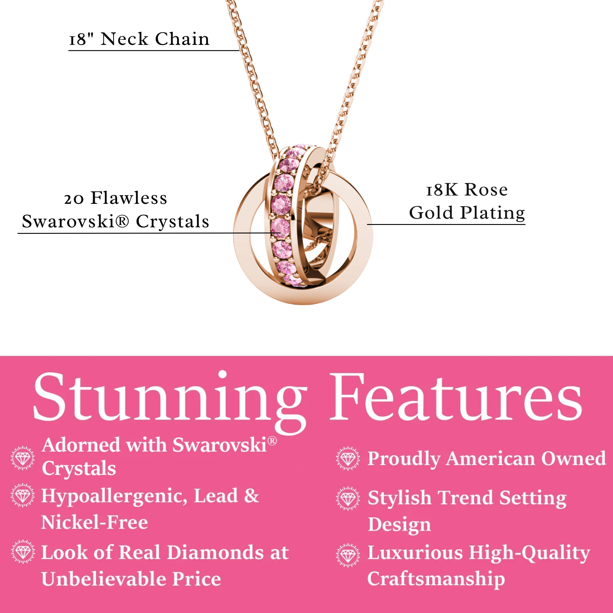 Rosie 18k Rose Gold Plated Pendant Necklace with Pink Swarovski Crystals