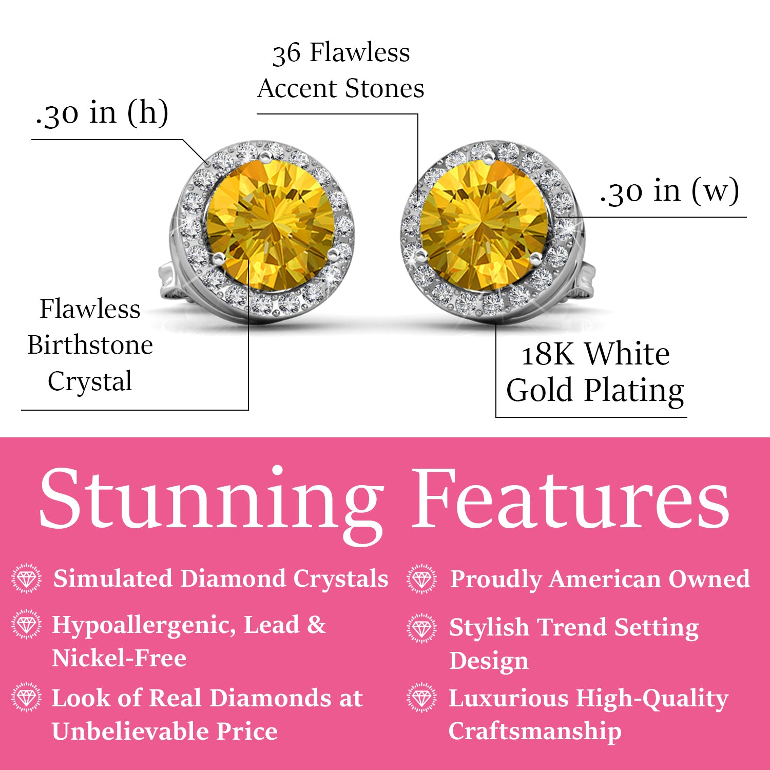 皇家十一月诞生石黄水晶耳环，镀 18k 白金银色光环耳环，圆形切割水晶