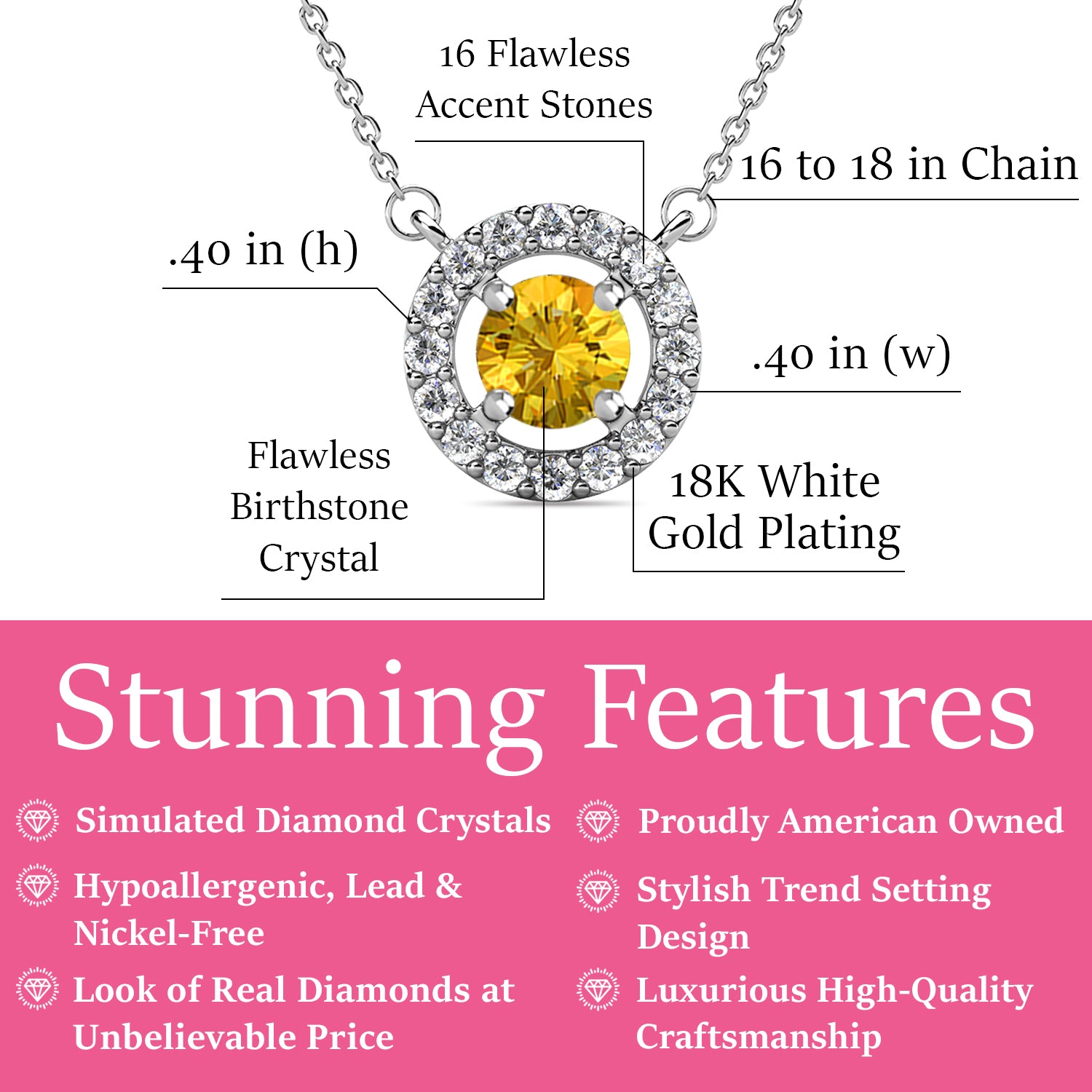 皇家十一月生日石黄水晶项链，镀 18k 白金银色光环项链，圆形切割水晶